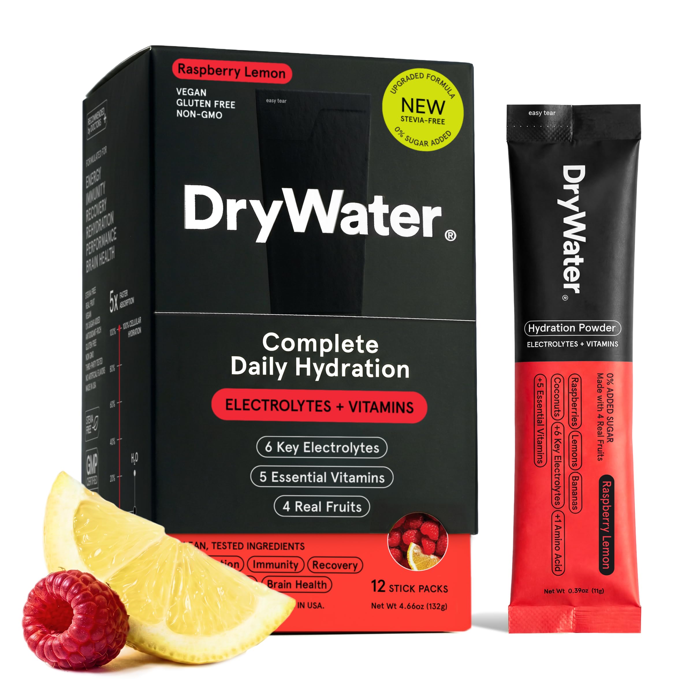 DryWater frente de caja Raspberry Lemon mostrando presentación y beneficio de potasio