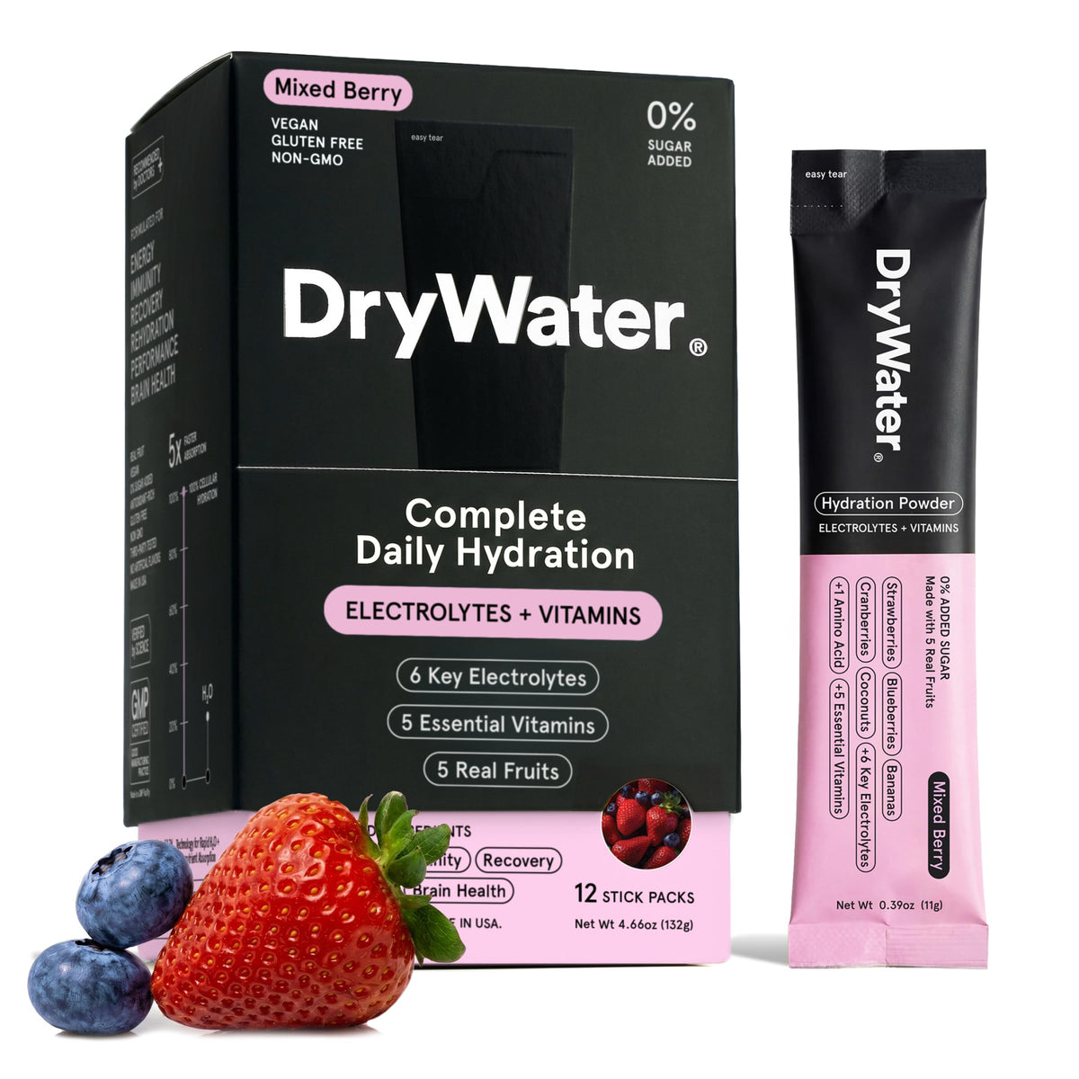 DryWater frente del empaque mostrando 12 sobres y beneficios claros
