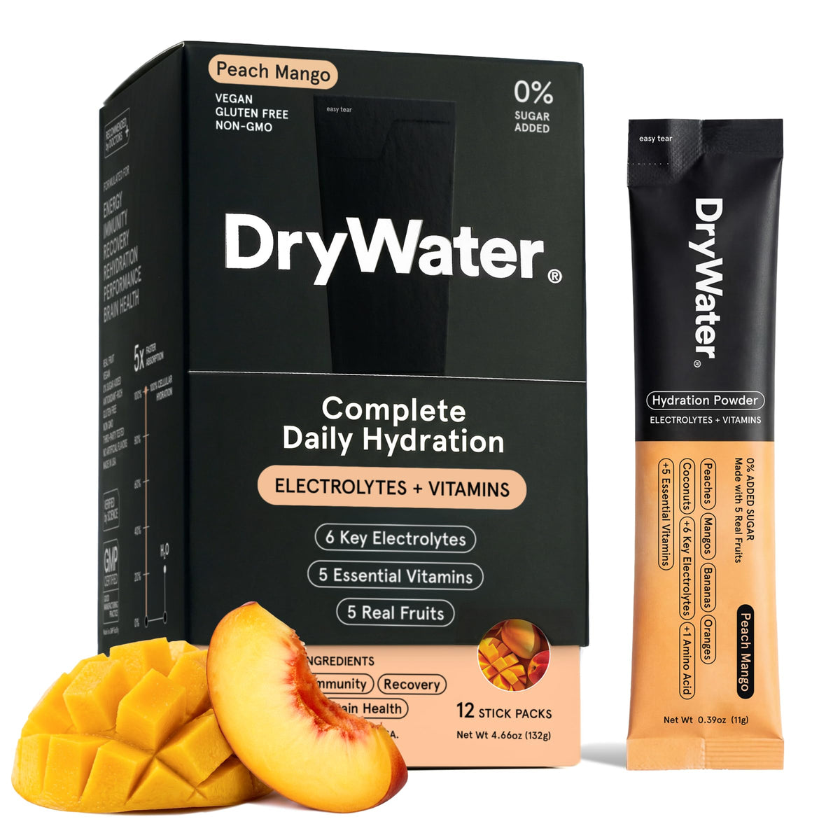 DryWater frente del paquete mostrando formato y sabor Peach Mango