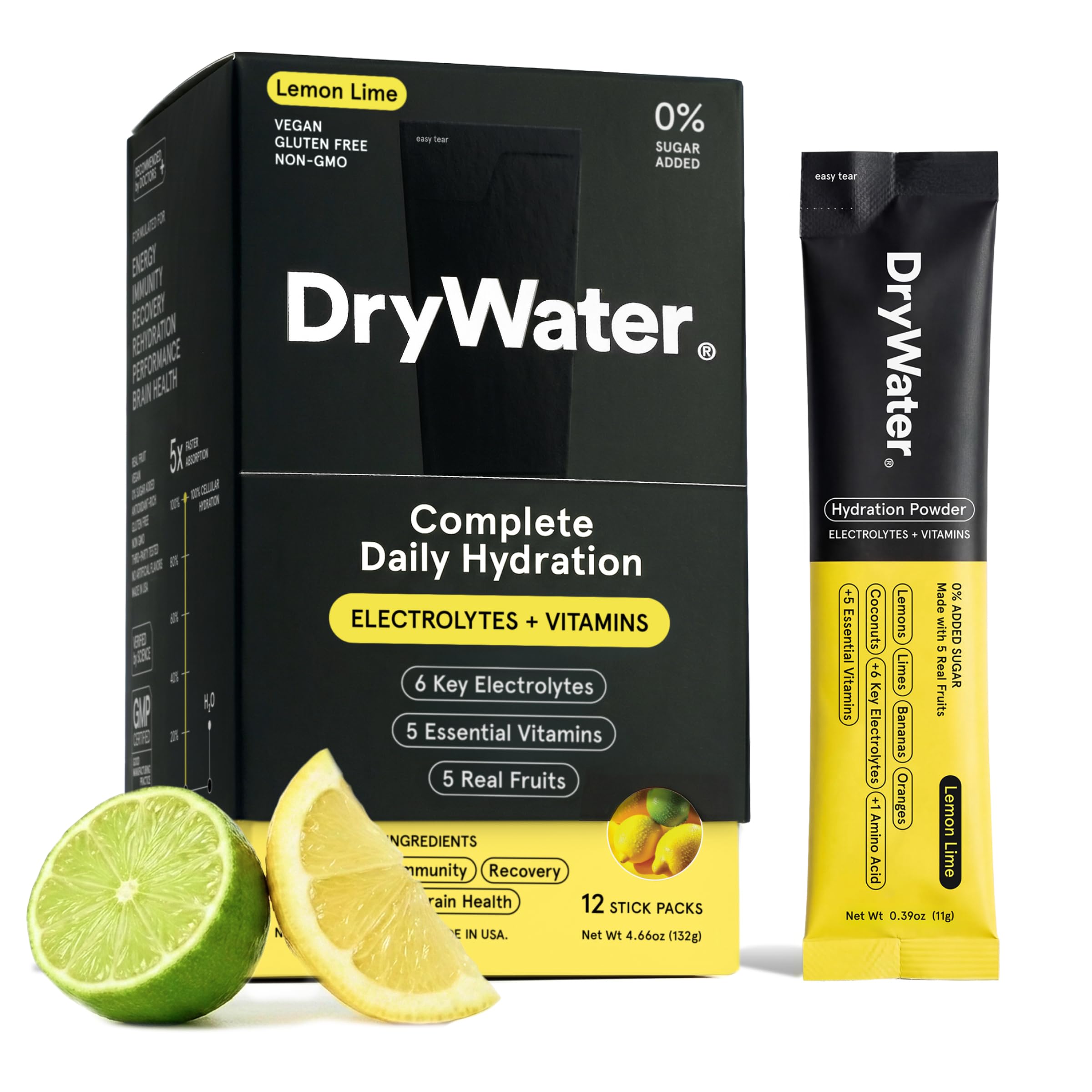 DryWater paquete frontal limón lima mostrando diseño y beneficios