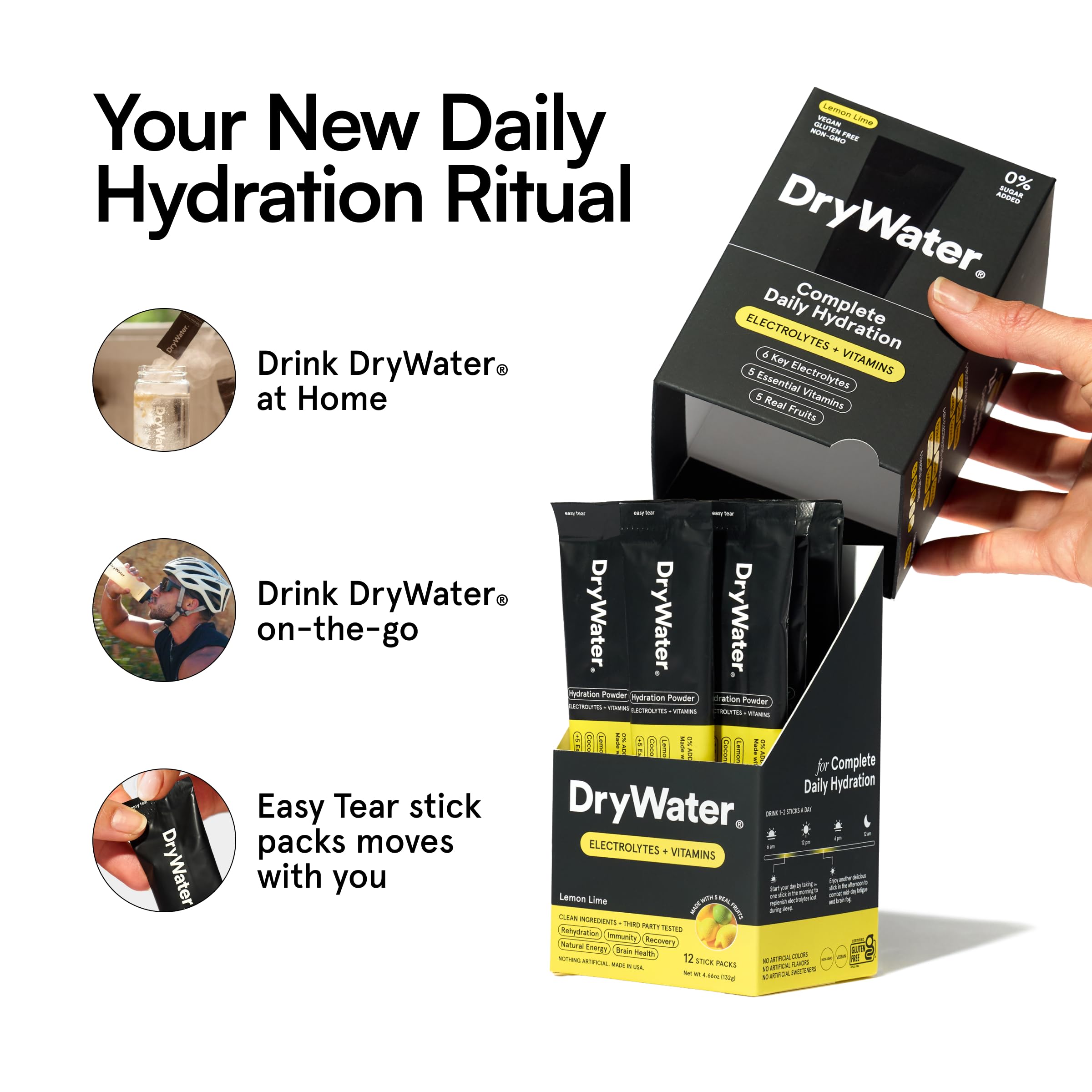 DryWater sobres mezclados en botella de agua, hidratación rápida