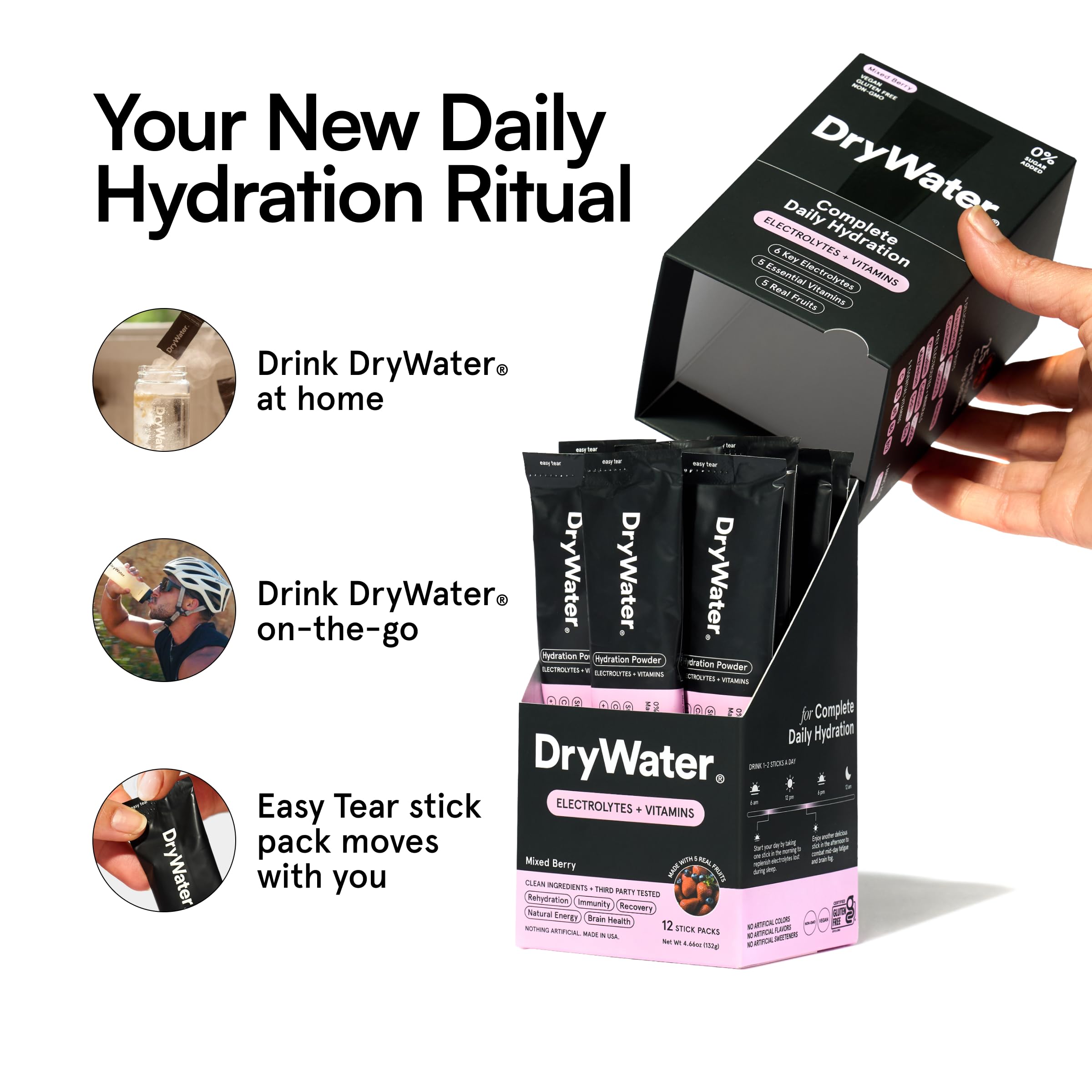 DryWater porción de frutas deshidratadas usadas en la fórmula, nutrientes reales