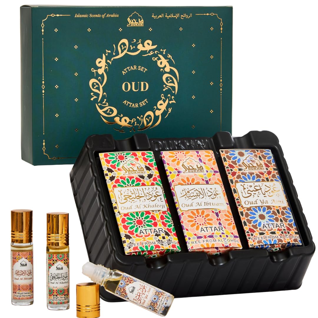 Dukhni estuche frontal con tres aceites oud, presentación compacta y elegante