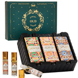 Dukhni estuche frontal con tres aceites oud, presentación compacta y elegante