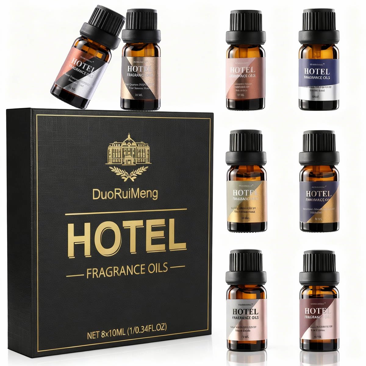 DuoRuiMeng empaque frontal elegante mostrando las ocho fragancias y calidad premium