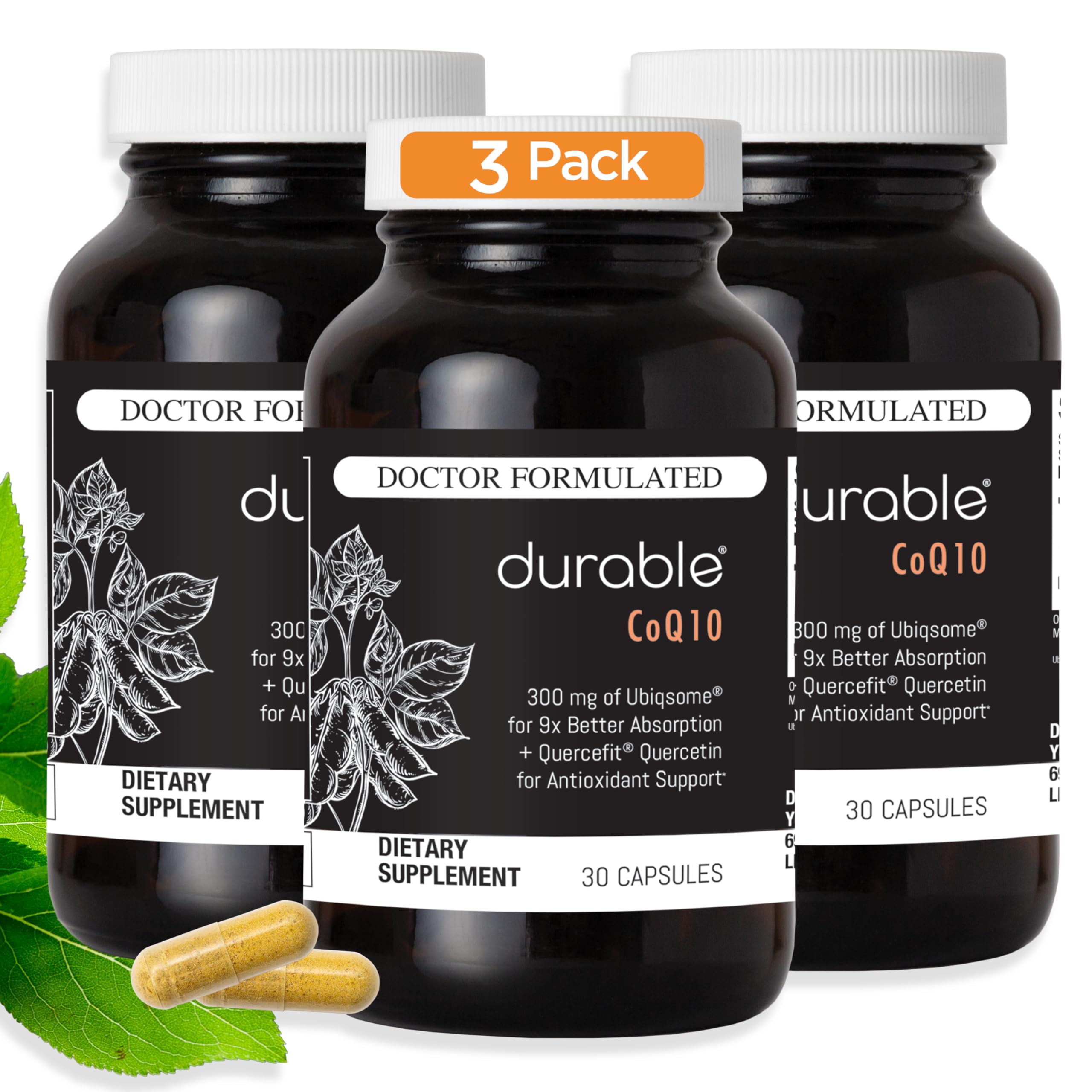 Durable envase frontal del CoQ10 mostrando dosis y beneficio de alta absorción