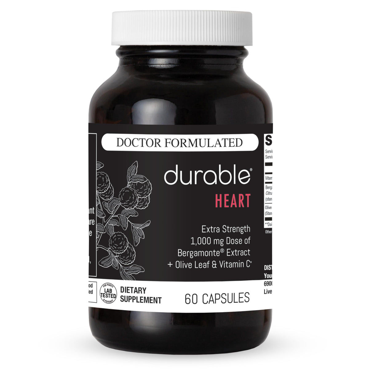Durable Heart frasco frontal mostrando etiqueta clara y dosis