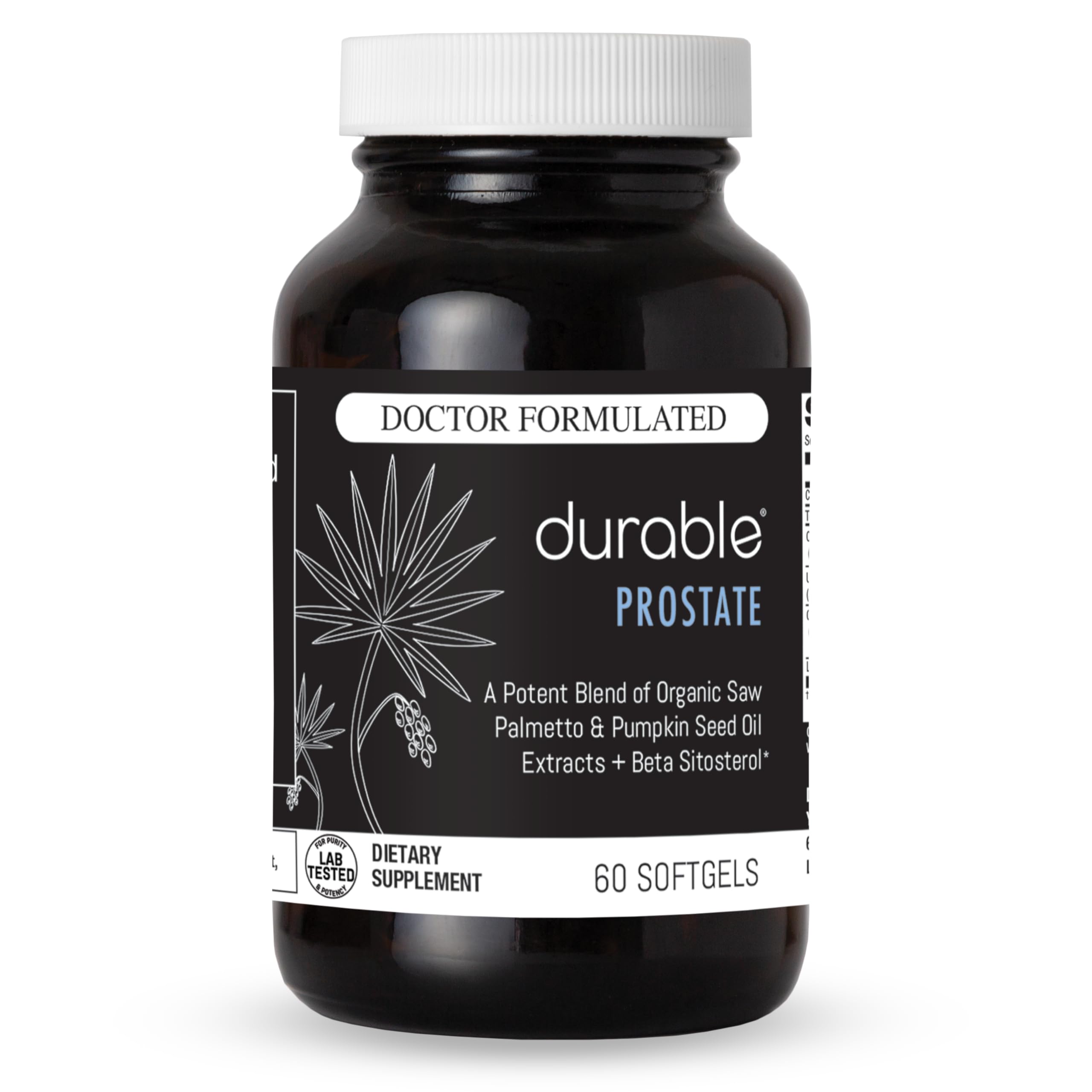 Durable Prostate vista frontal del envase mostrando 60 softgels y claridad de marca