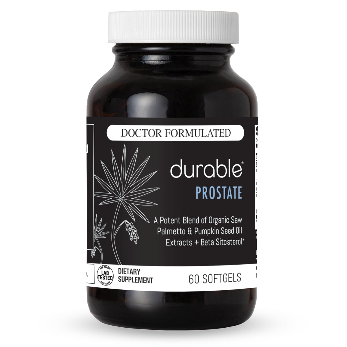Durable Prostate vista frontal del envase mostrando 60 softgels y claridad de marca