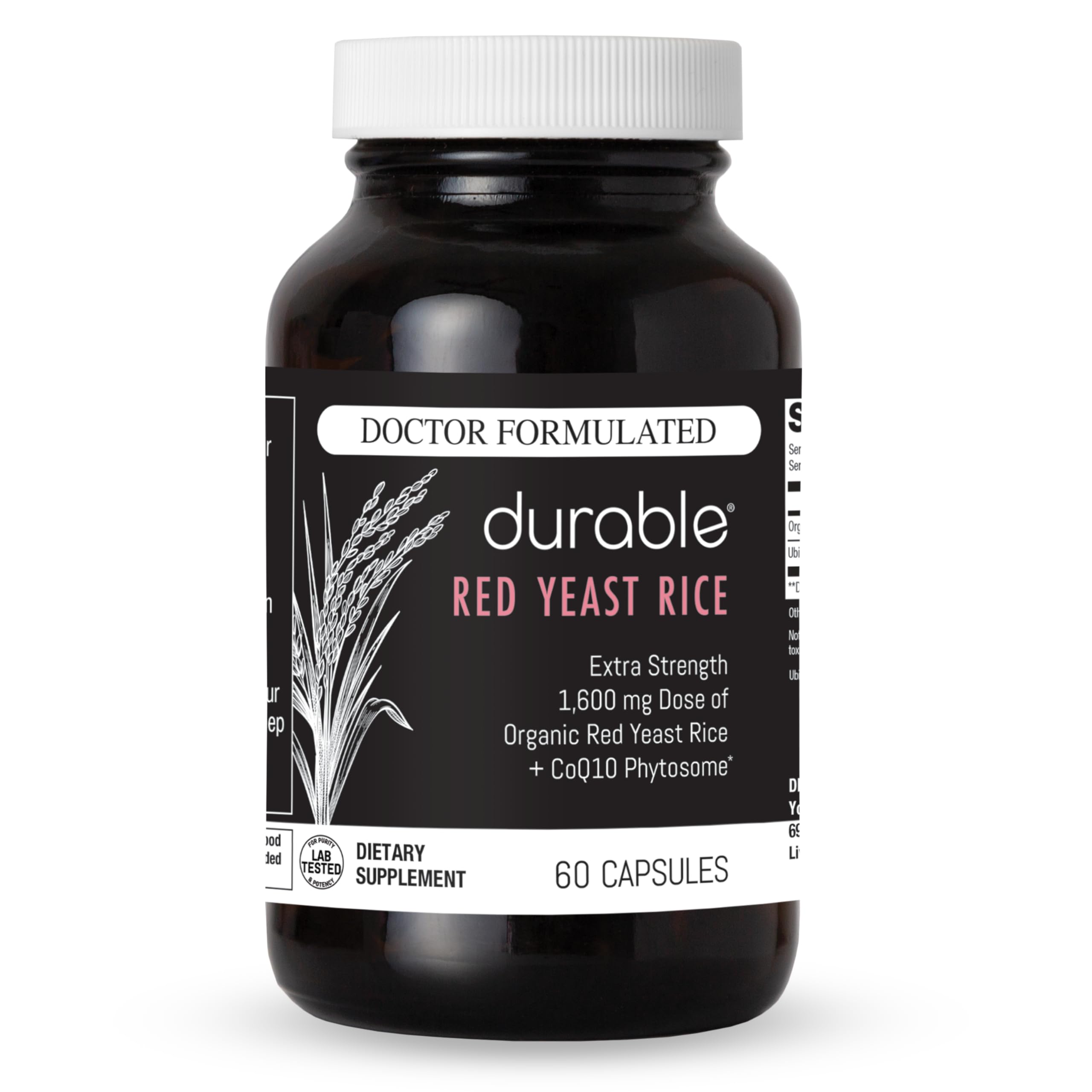 Durable envase frontal del suplemento red yeast rice mostrando diseño y dosis