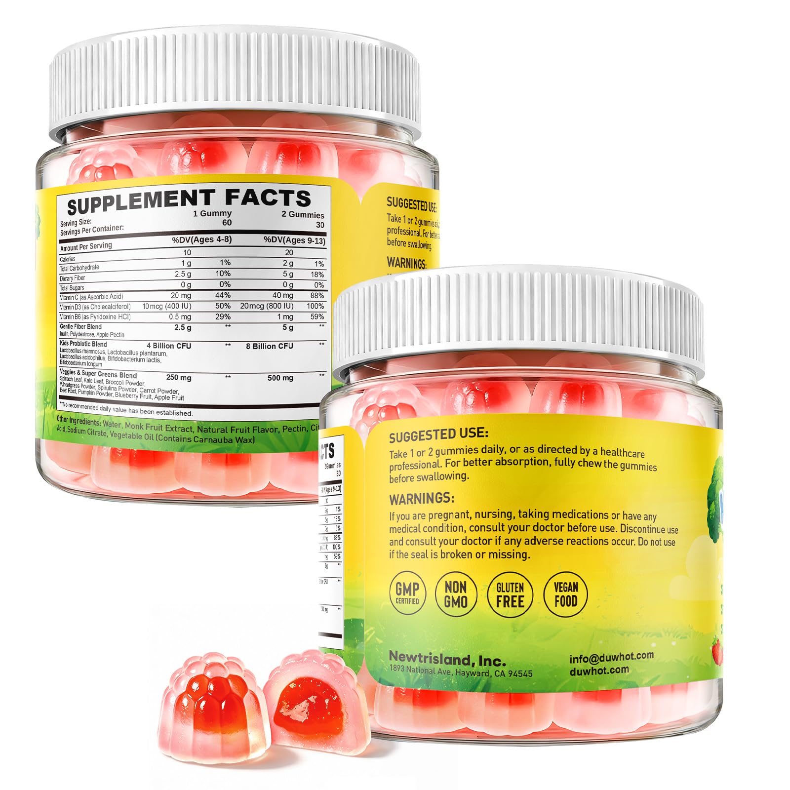 duwhot etiqueta con información nutricional y lista de vitaminas