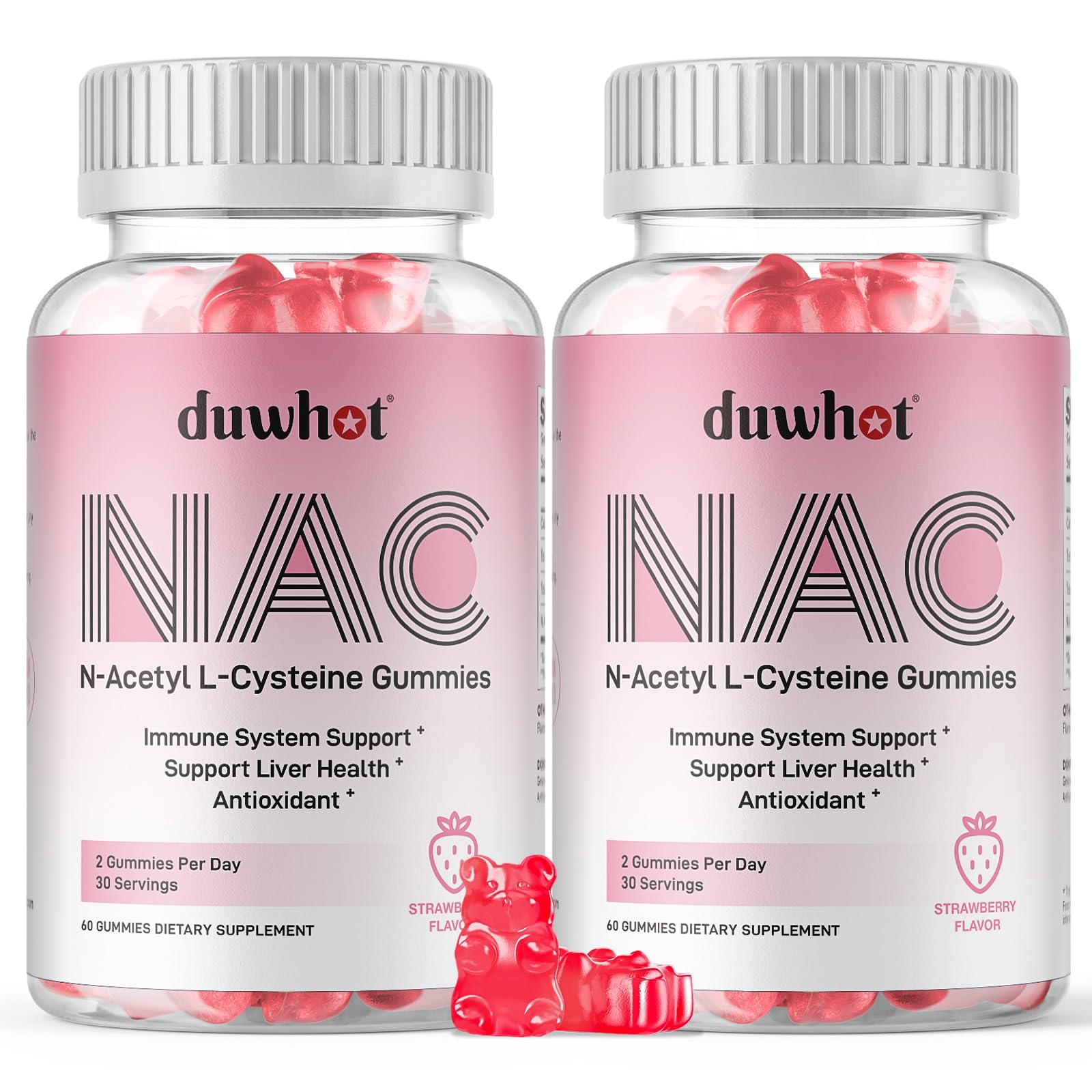 duwhot frasco frontal con gomitas NAC 600mg, vista clara y atractiva