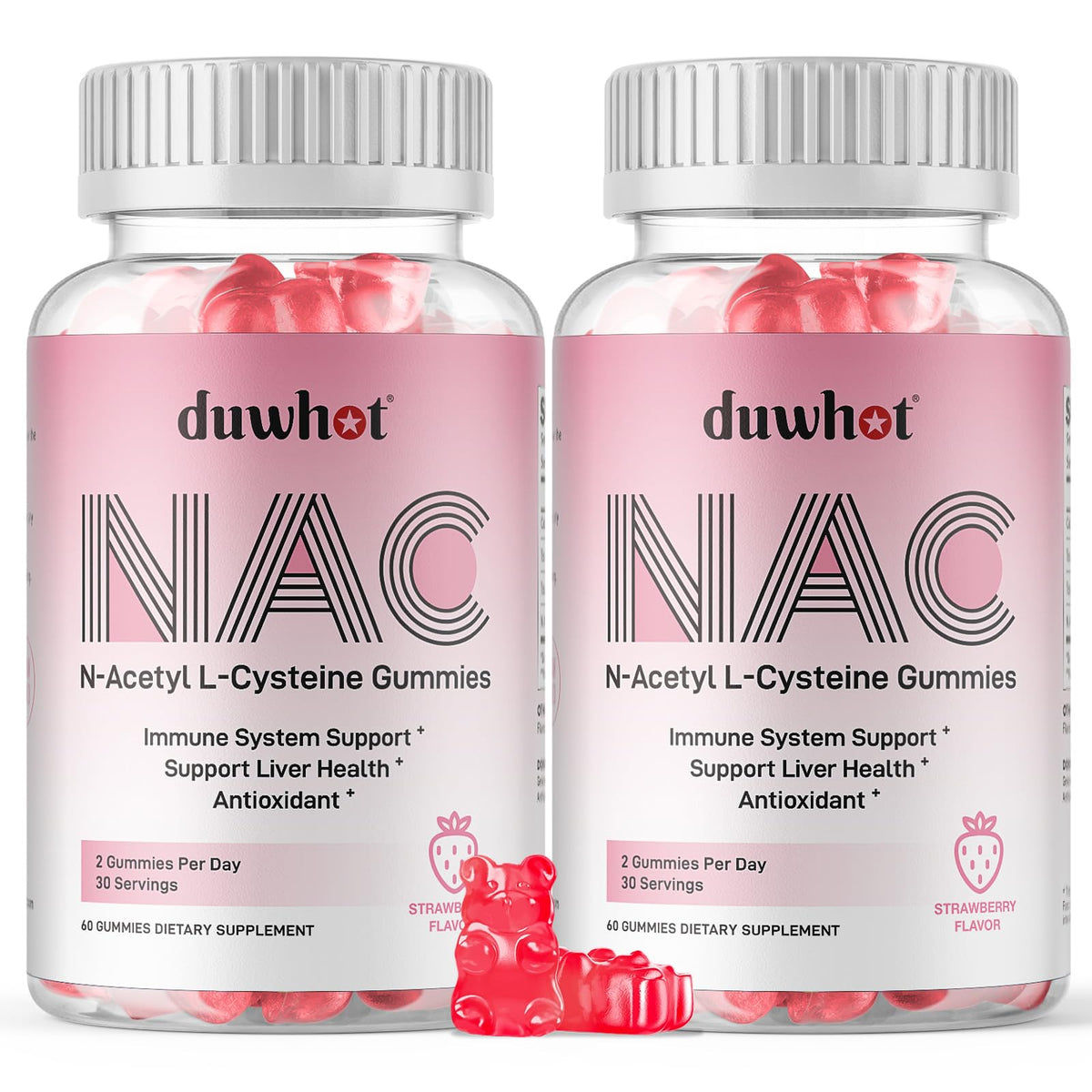 duwhot frasco frontal con gomitas NAC 600mg, vista clara y atractiva