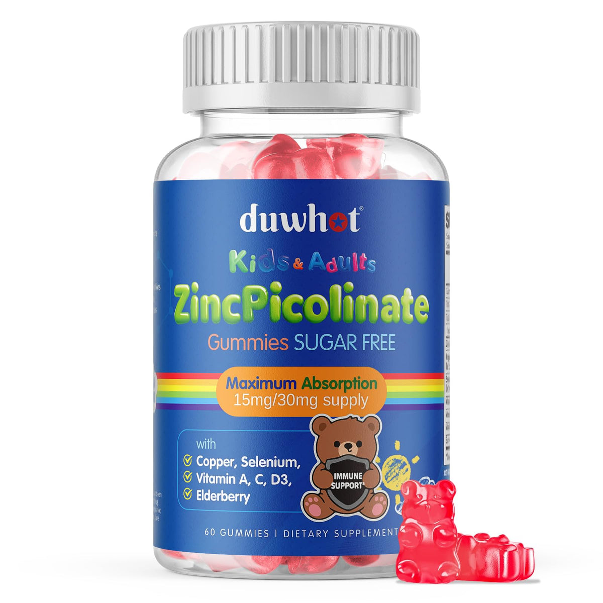 duwhot frasco frontal mostrando etiqueta y cantidad, práctico para familias