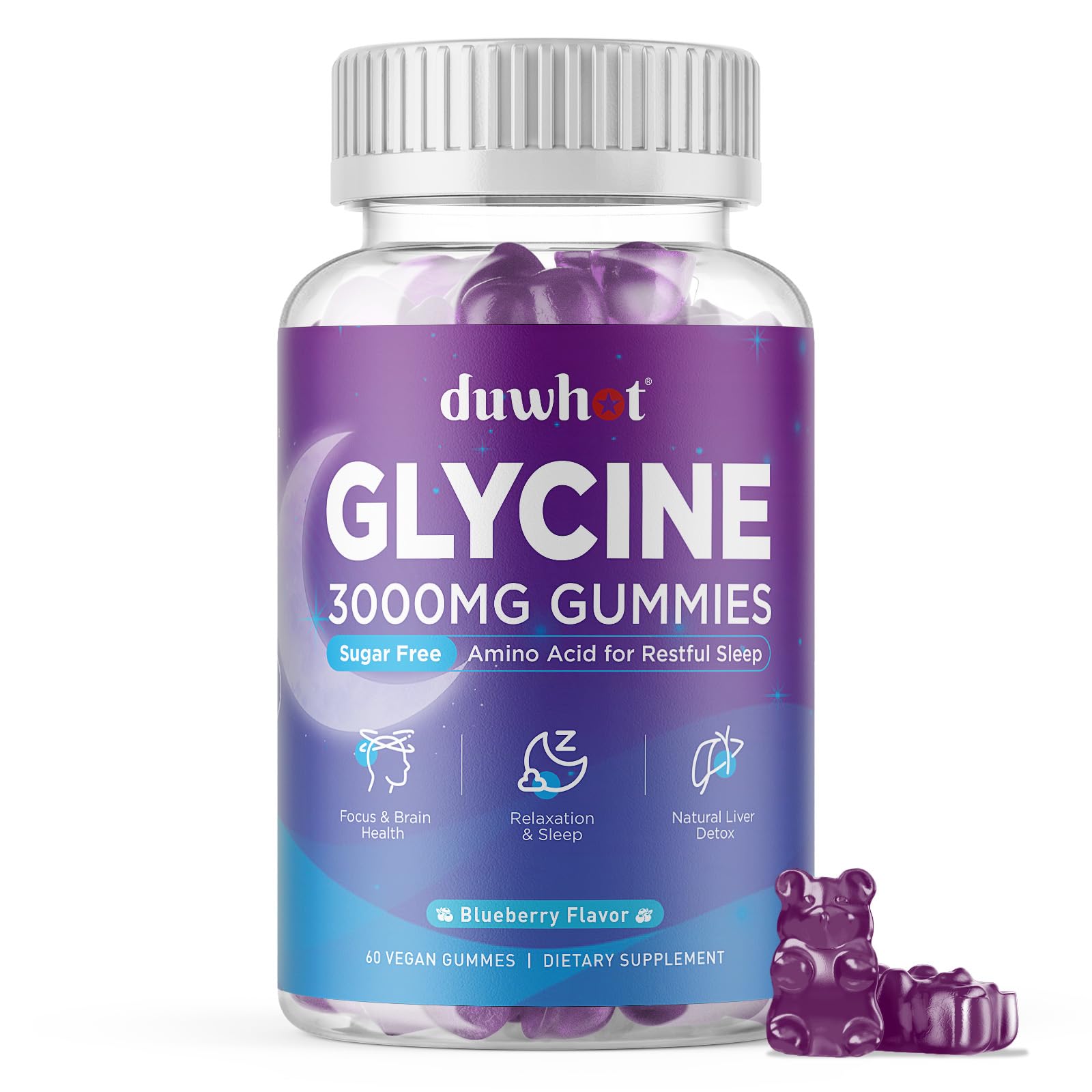 duwhot envase frontal mostrando 60 gominolas y beneficios para el sueño