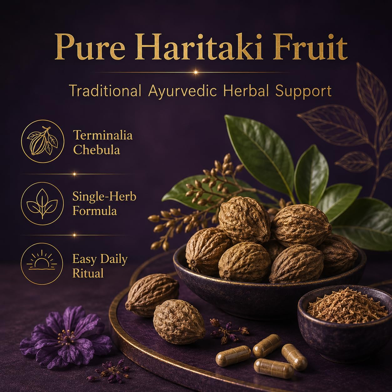Dvloge polvo de Haritaki en primer plano que muestra pureza vegetal