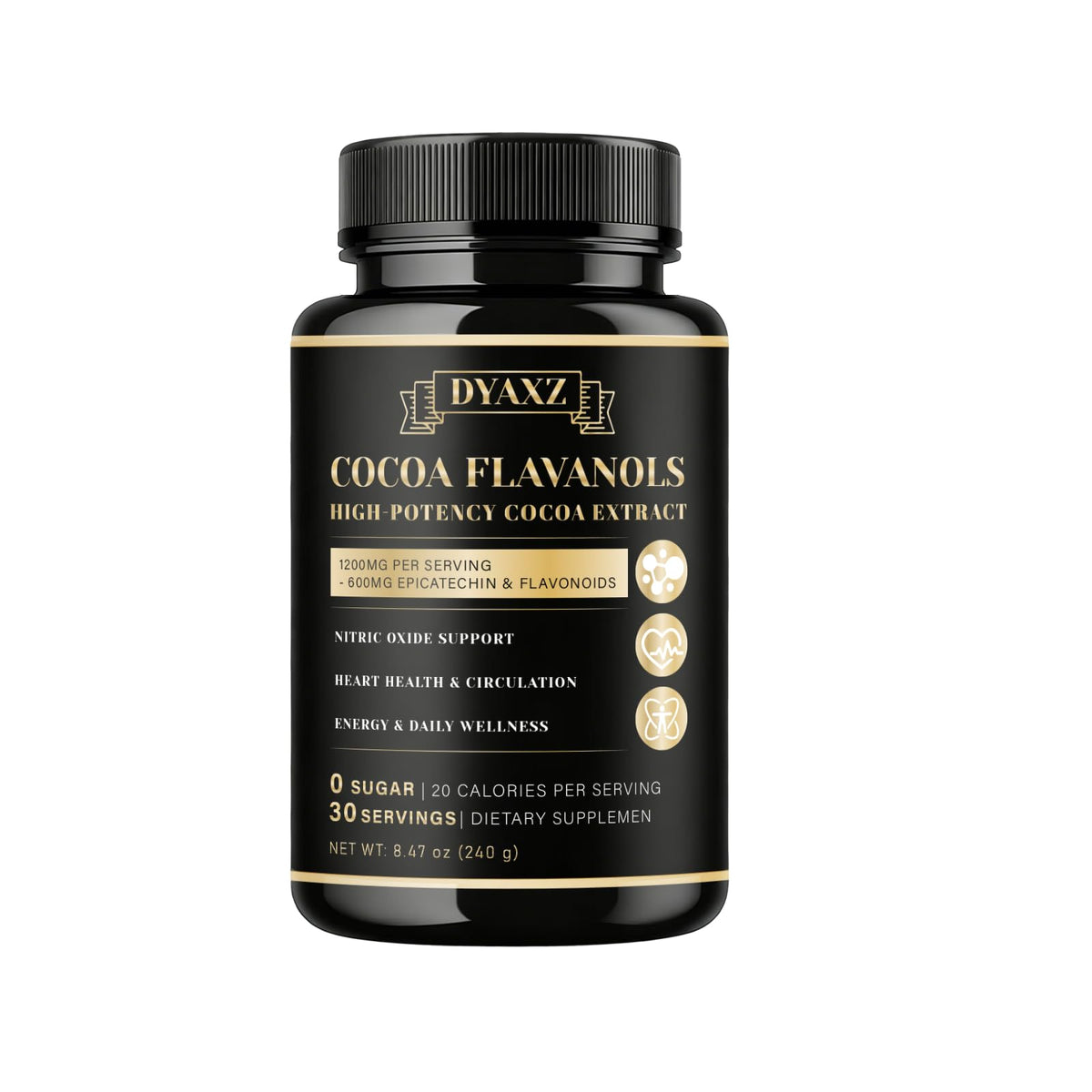 DYAXZ envase frontal del cacao concentrado mostrando etiqueta clara y beneficios