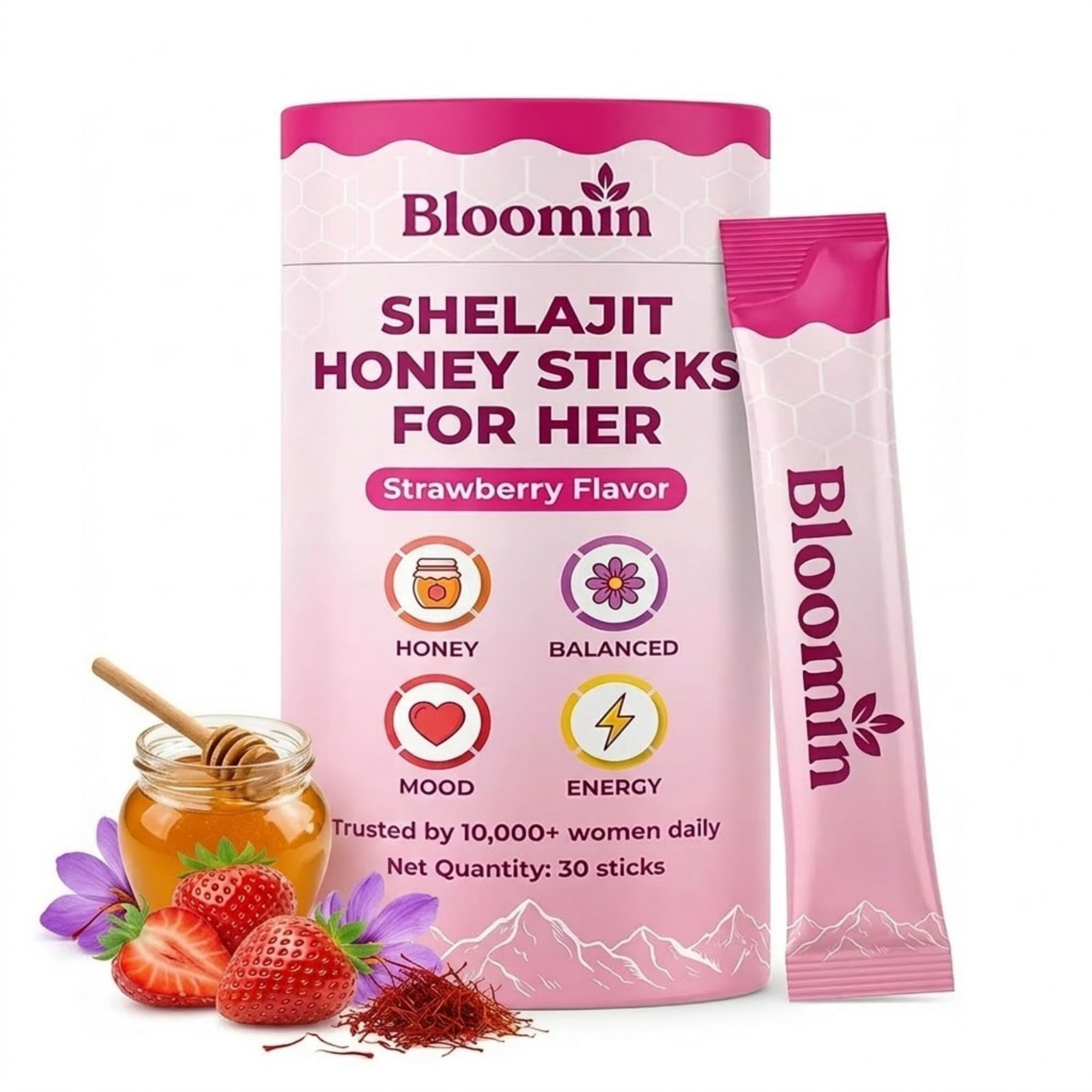 DYDUON empaque frontal de Bloomin Honey Sticks mostrando 30 sticks y beneficios