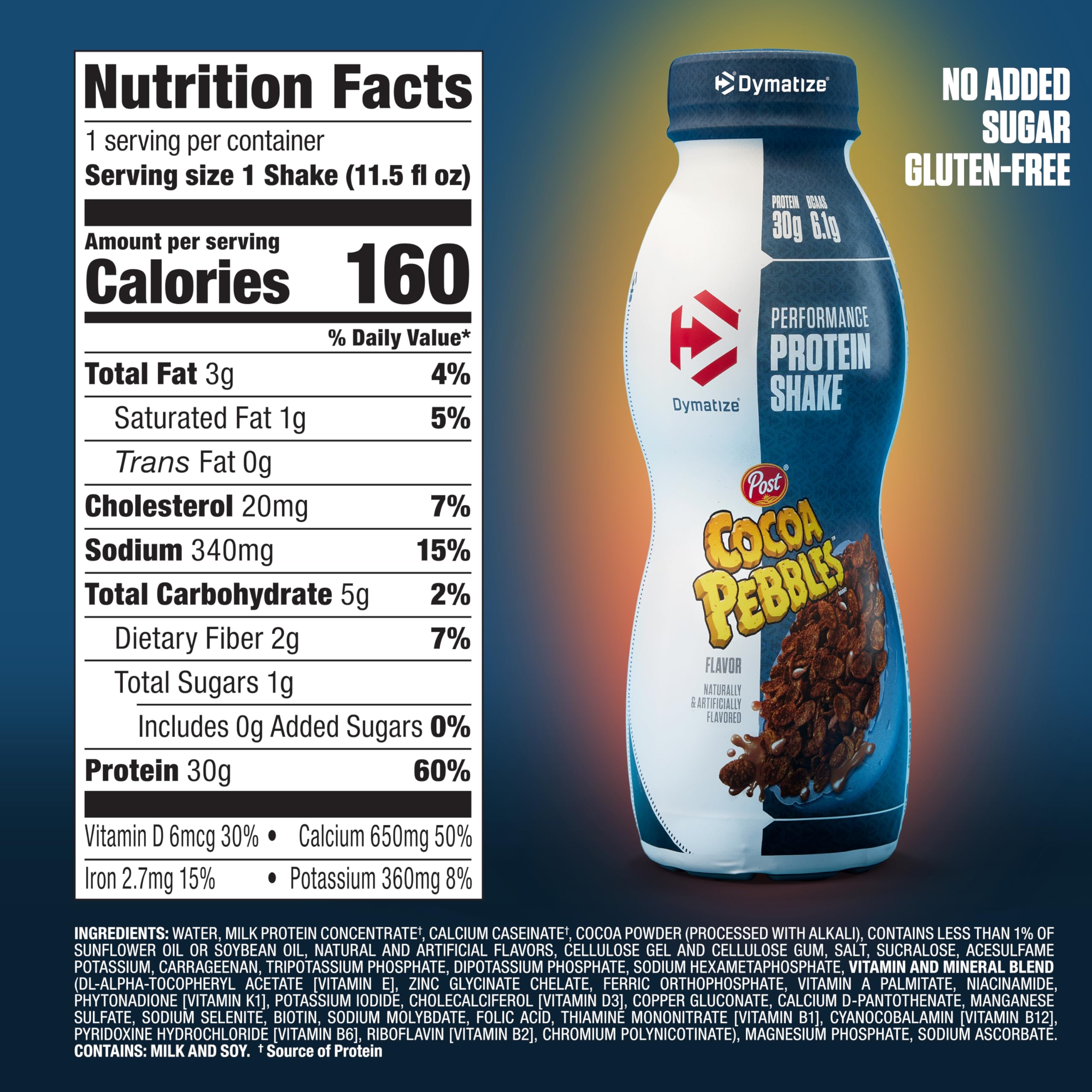 Dymatize botella junto a bol de cereal enfatizando sabor Cocoa Pebbles