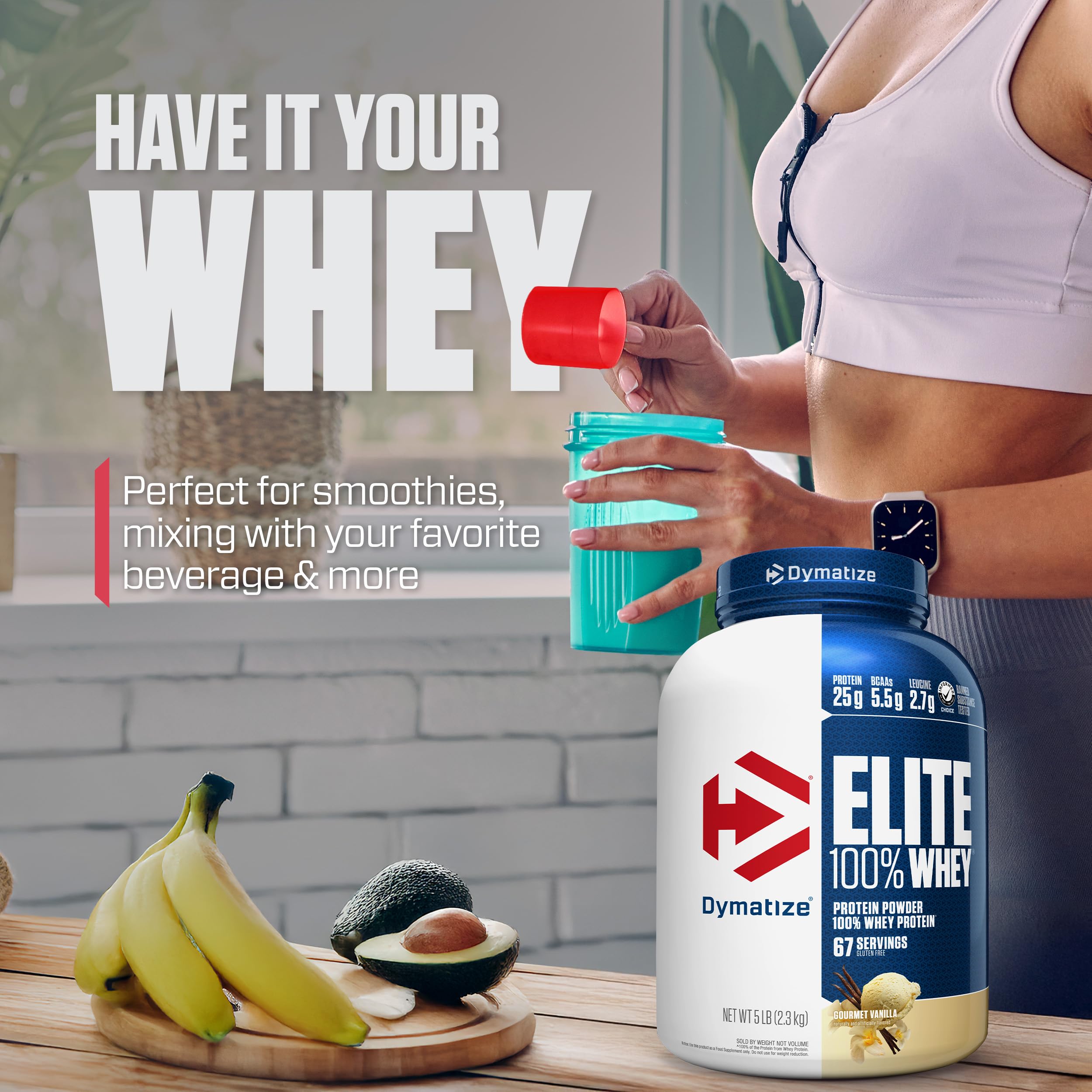 Dymatize envase comparado con mano para apreciar tamaño y 67 servicios