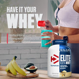 Dymatize envase comparado con mano para apreciar tamaño y 67 servicios