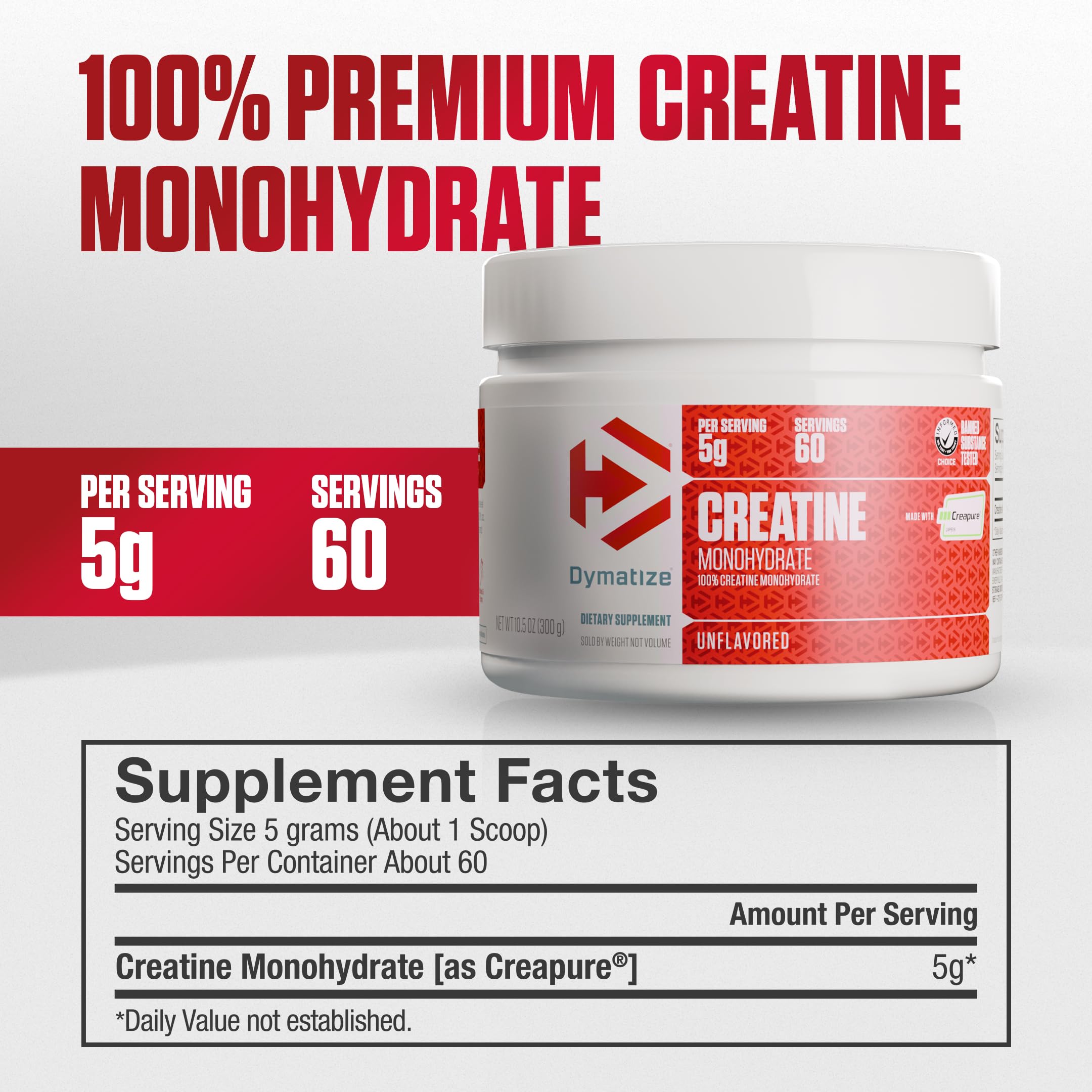 Dymatize etiqueta Creapure y certificaciones, seguridad y calidad visible