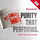 Dymatize frasco abierto con polvo fino para destacar pureza Creapure