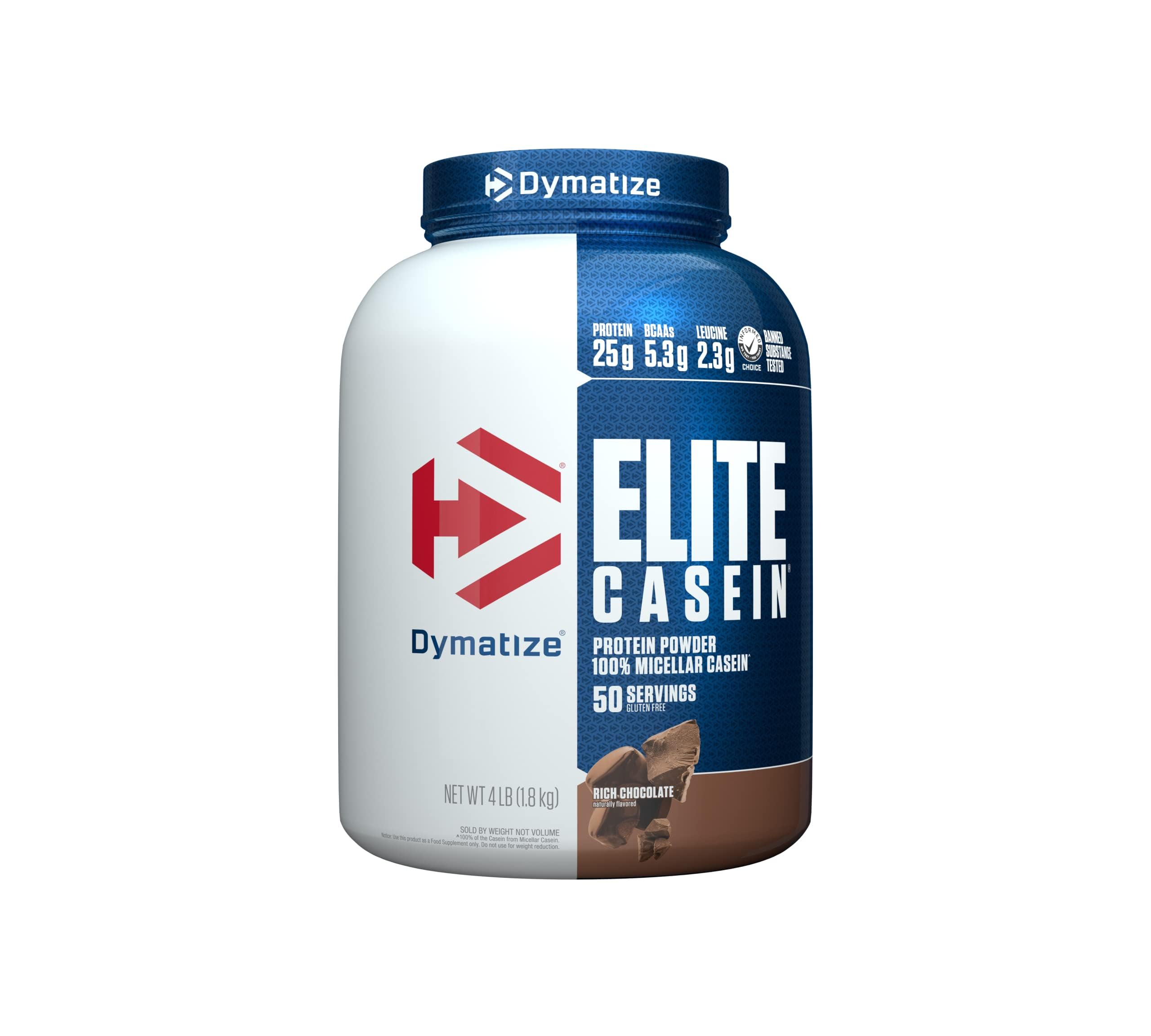 Dymatize envase frontal de Elite Casein chocolate mostrando diseño y tamaño