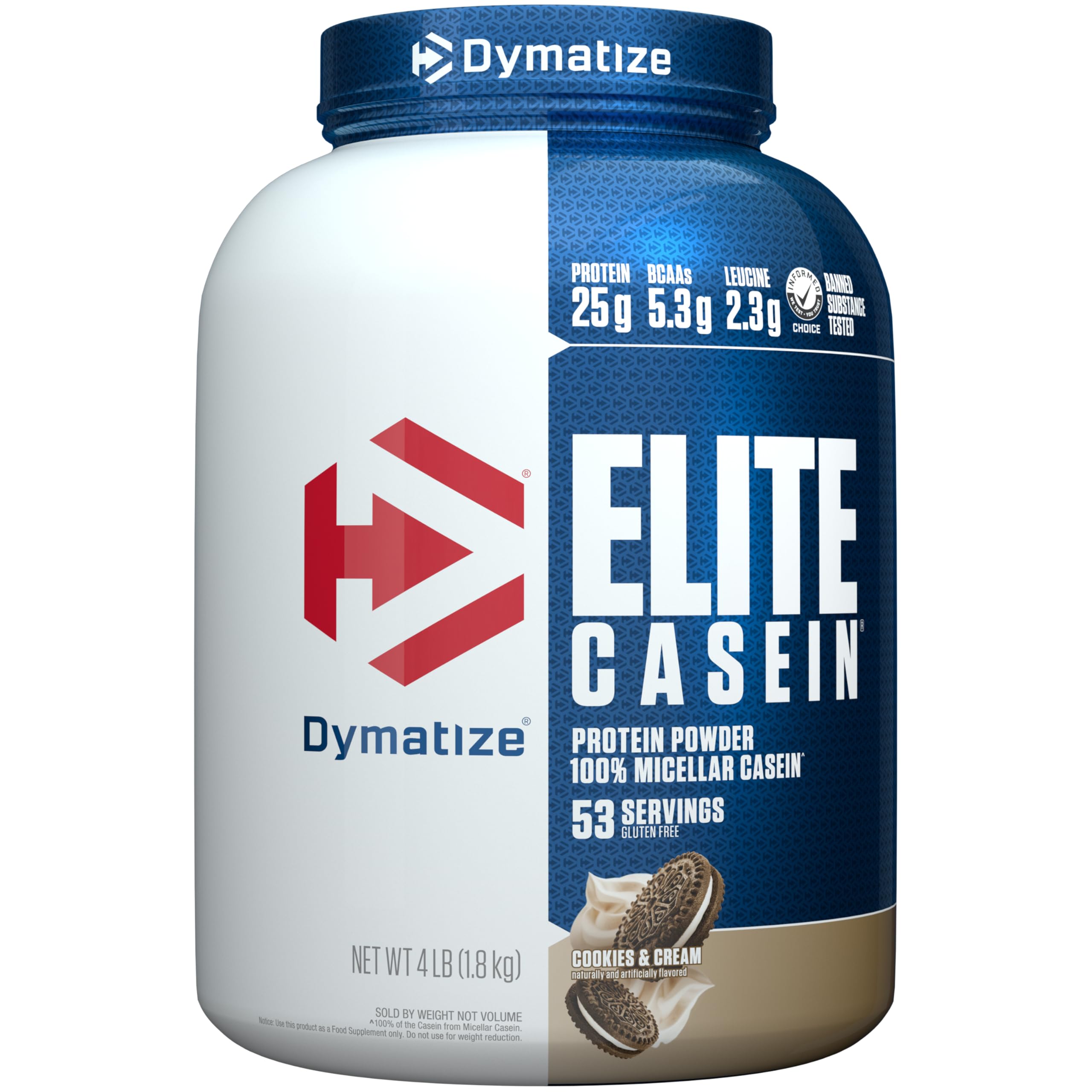 Dymatize bote frontal Cookies & Cream mostrando tamaño y marca, ideal para nutrición nocturna