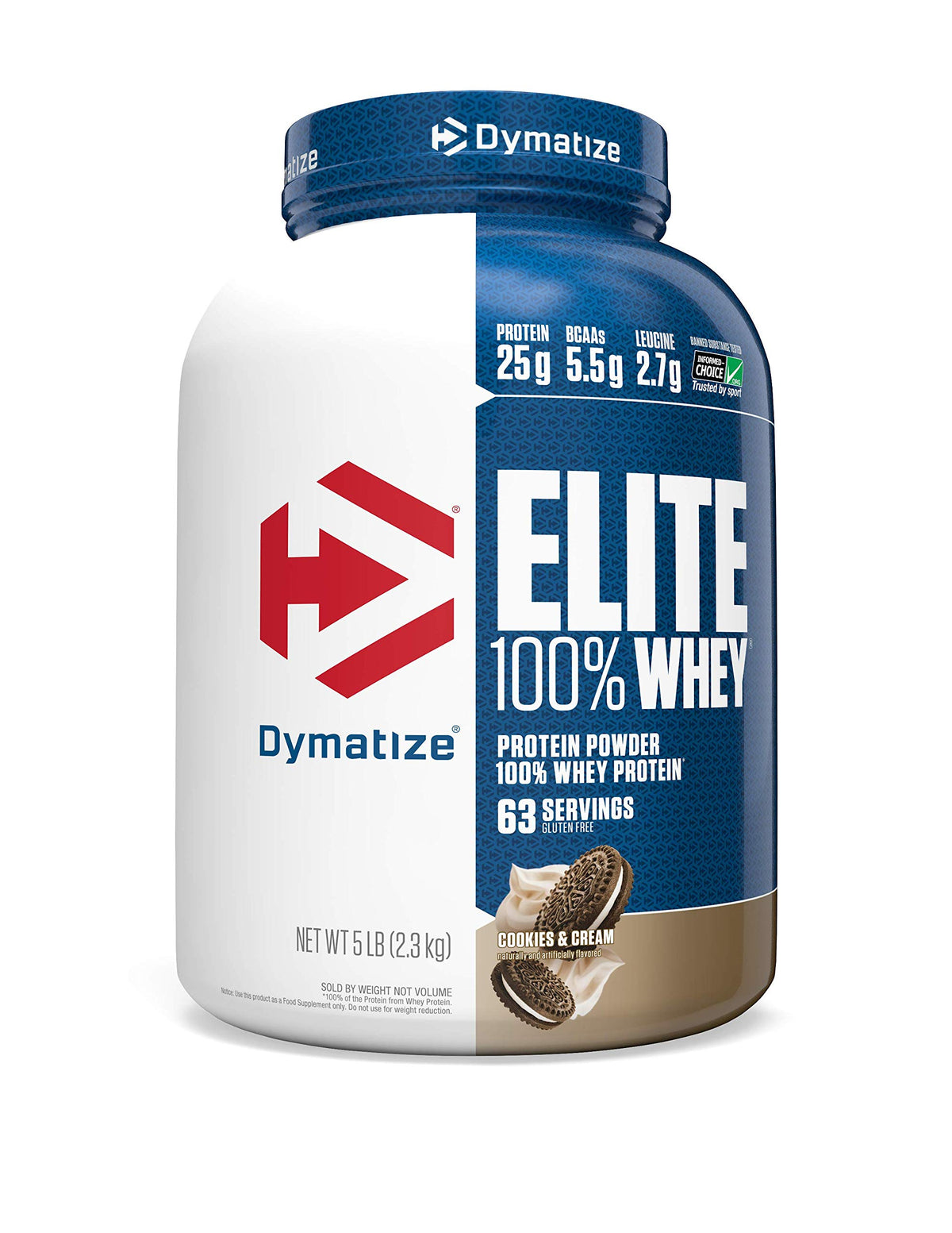 Dymatize envase frontal Cookies & Cream mostrando tamaño y sabor