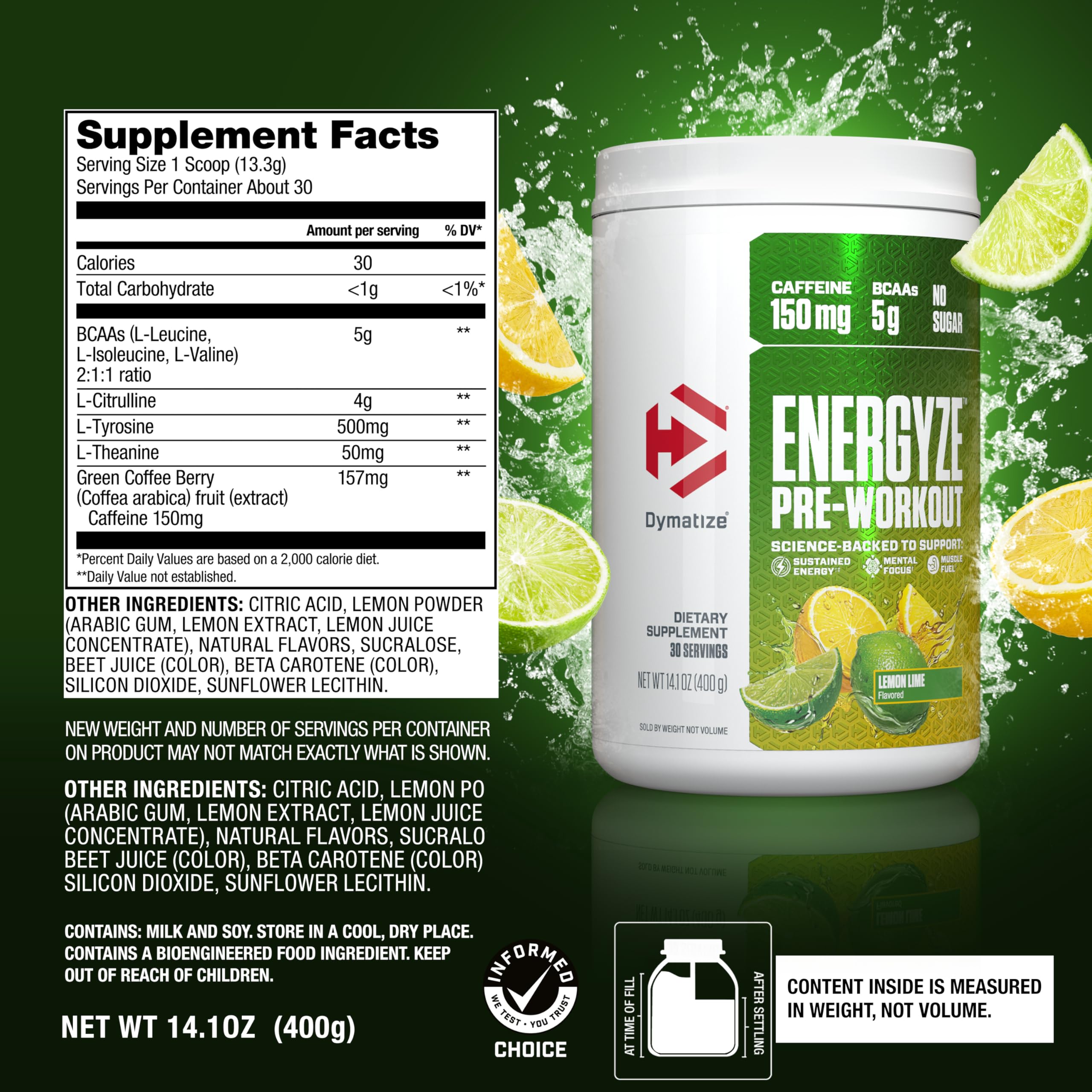 Dymatize Energyze bebida preparada en vaso, refrescante antes del entrenamiento y sin azúcar