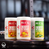 Dymatize Energyze en ambiente de gimnasio, sugiere energía y enfoque durante el entrenamiento