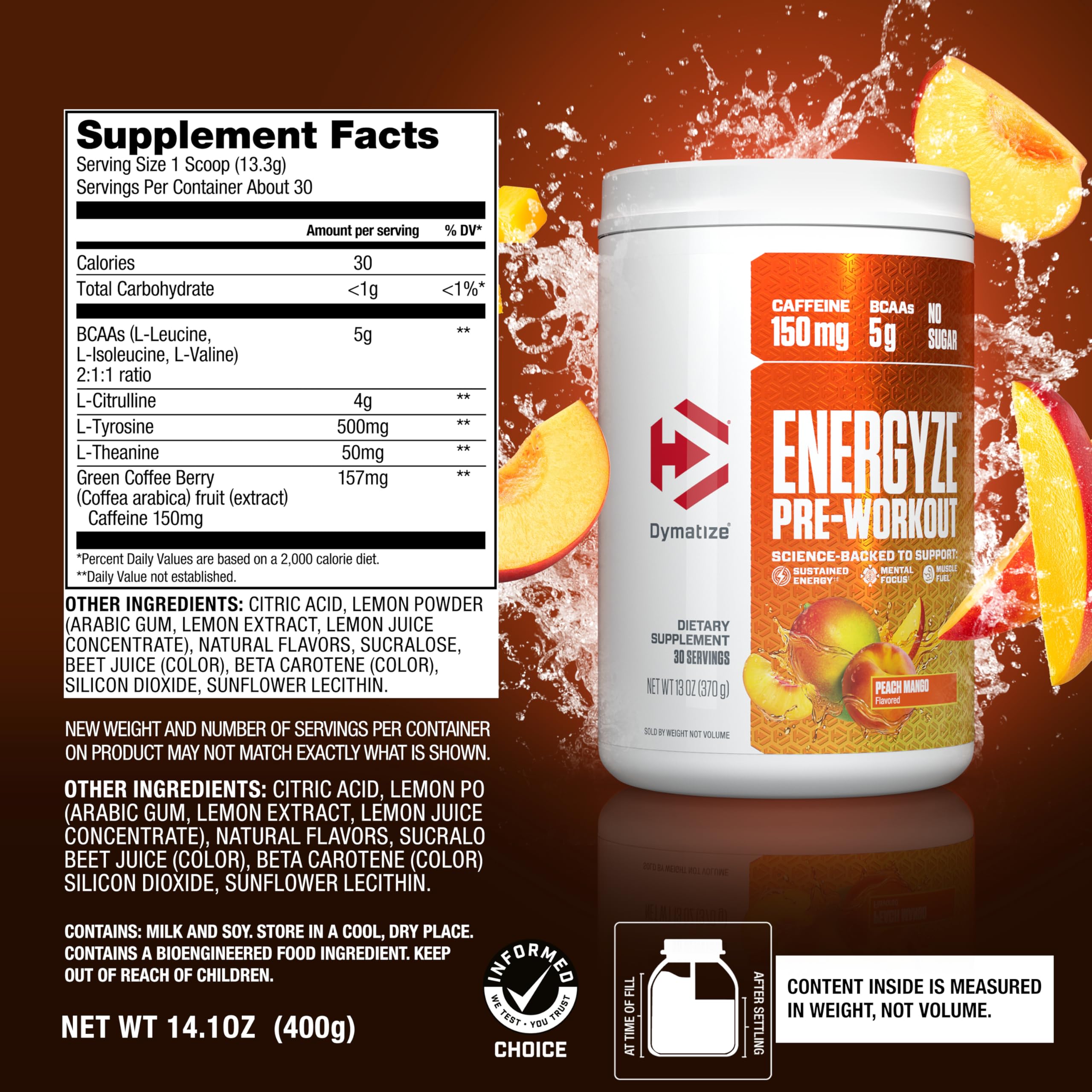 Etiqueta Dymatize Energyze con lista de ingredientes y certificación Informed Choice