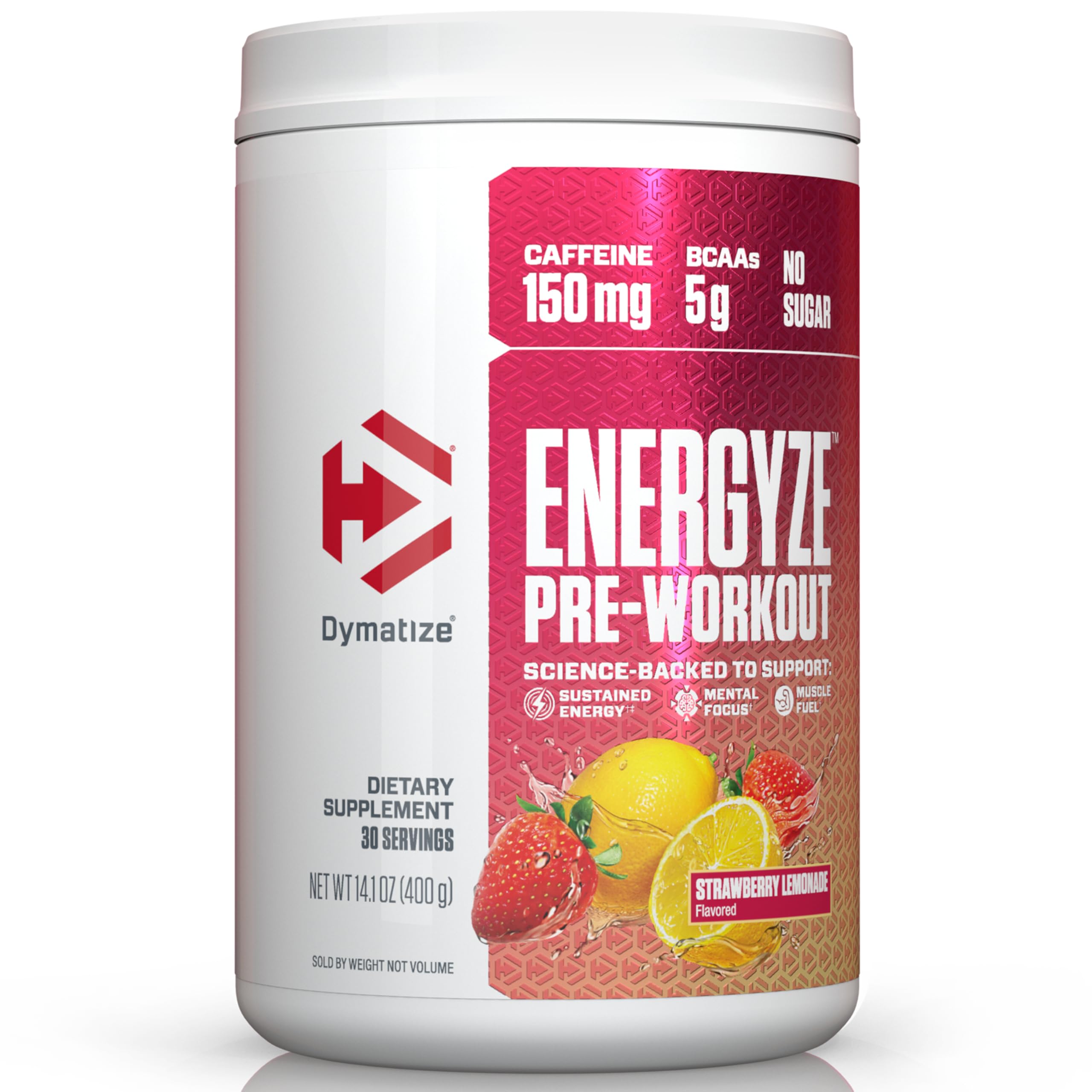 Dymatize envase frontal Fresa Limonada mostrando presentación y beneficios