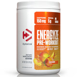 Dymatize Energyze frente del envase mostrando sabor durazno-mango y beneficios