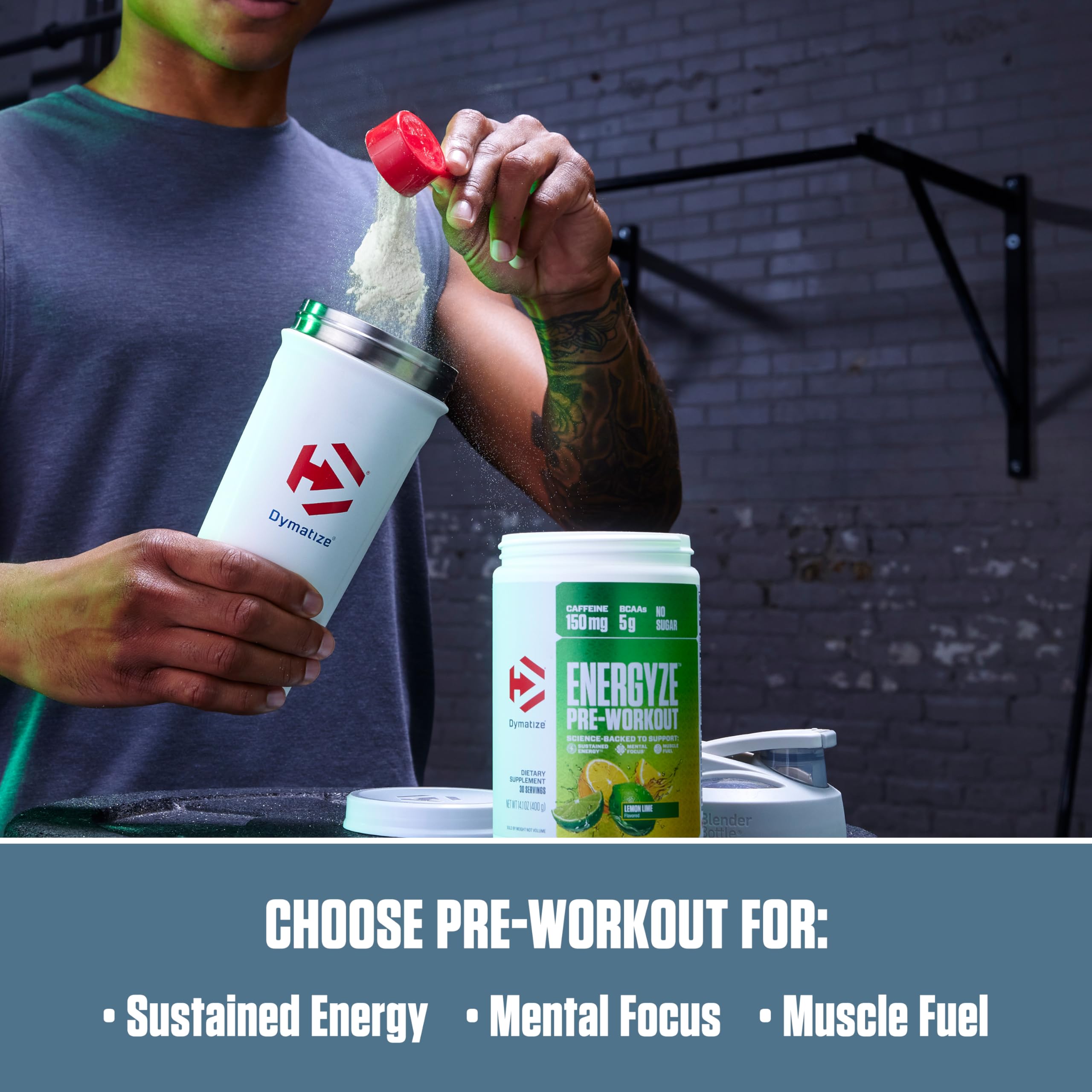 Dymatize Energyze etiqueta de ingredientes, resalta BCAA, L-citrulina y 150 mg cafeína