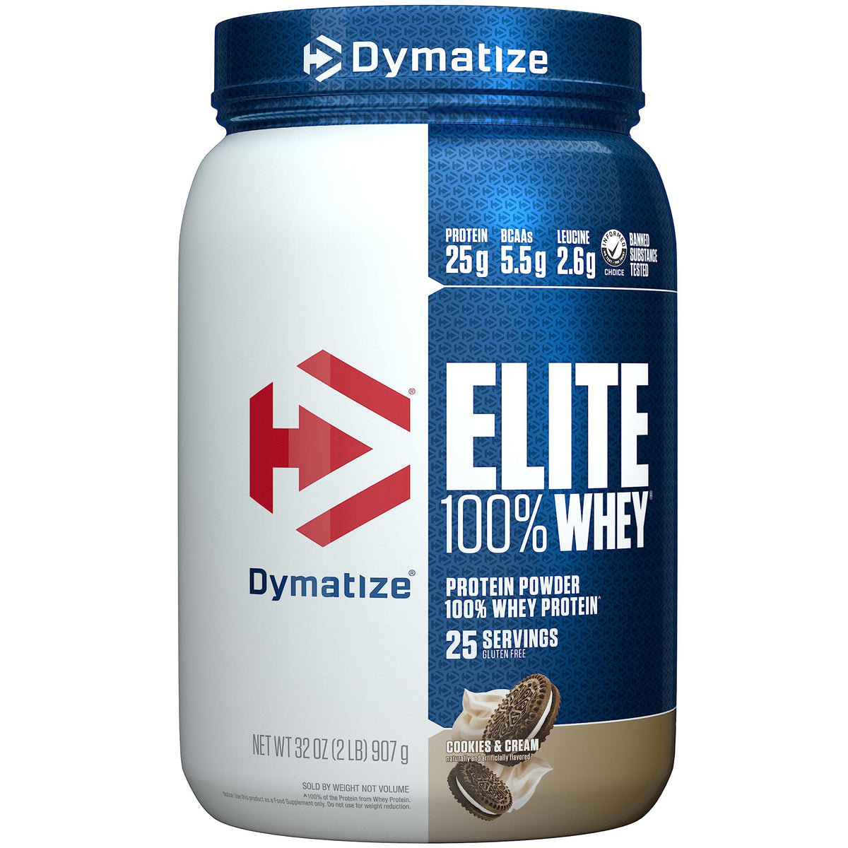 Dymatize envase frontal Cookies & Cream mostrando tamaño y diseño, conveniente