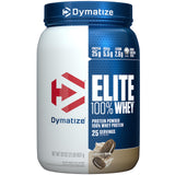 Dymatize envase frontal Cookies & Cream mostrando tamaño y diseño, conveniente