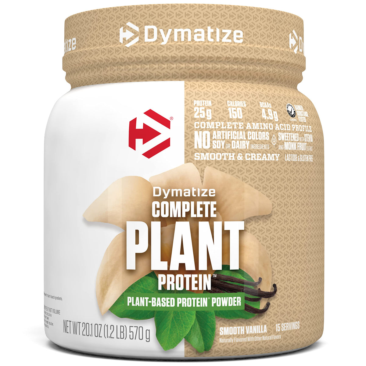 Dymatize envase frontal vegano vainilla, presentación clara y beneficios