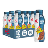 Dymatize envase frontal mostrando sabor Cocoa Pebbles y conveniencia