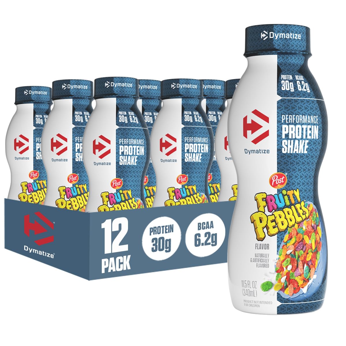 Dymatize botellín frontal mostrando 30 g proteína y sabor Fruity Pebbles