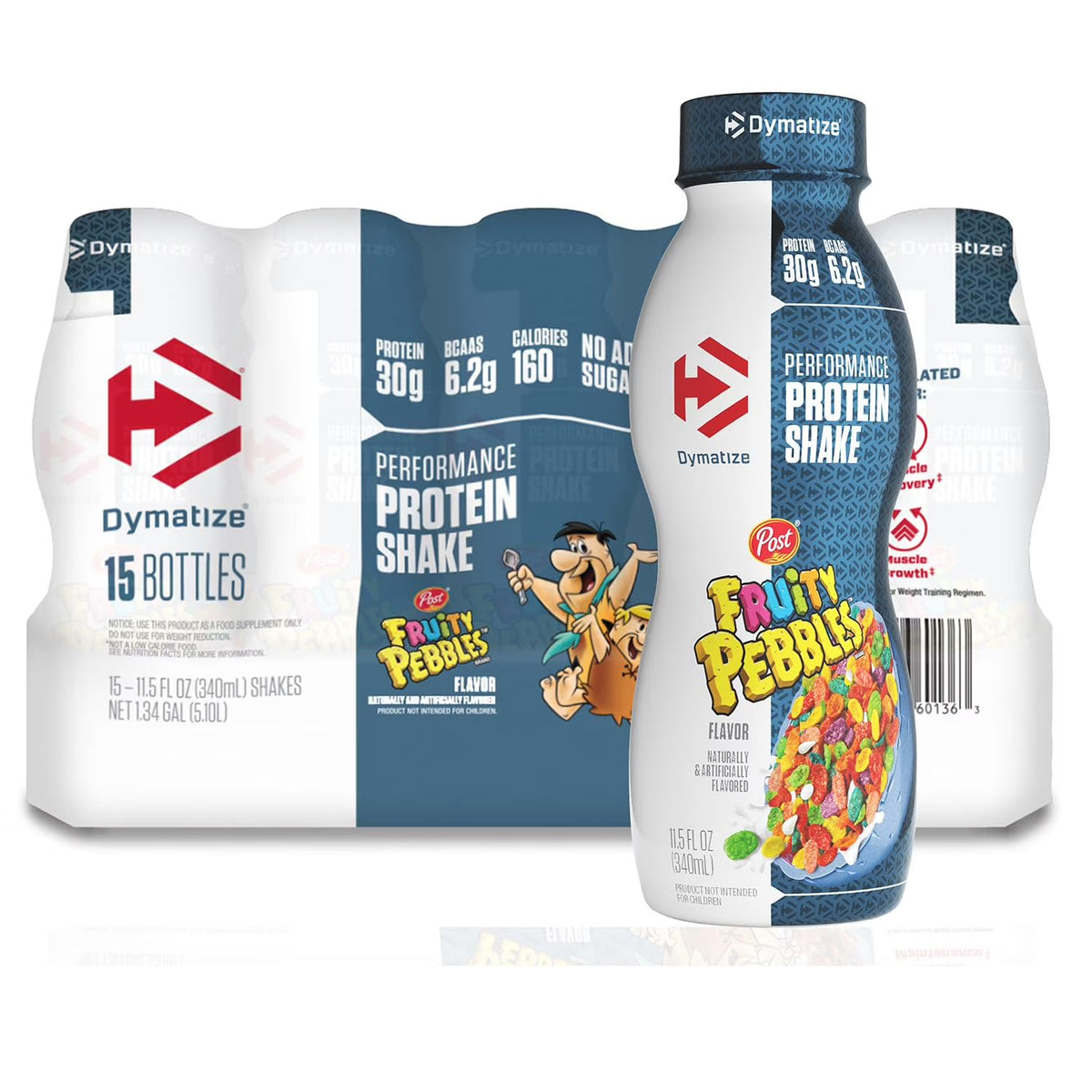Dymatize envase frontal mostrando 30 g de proteína y sabor Fruity Pebbles
