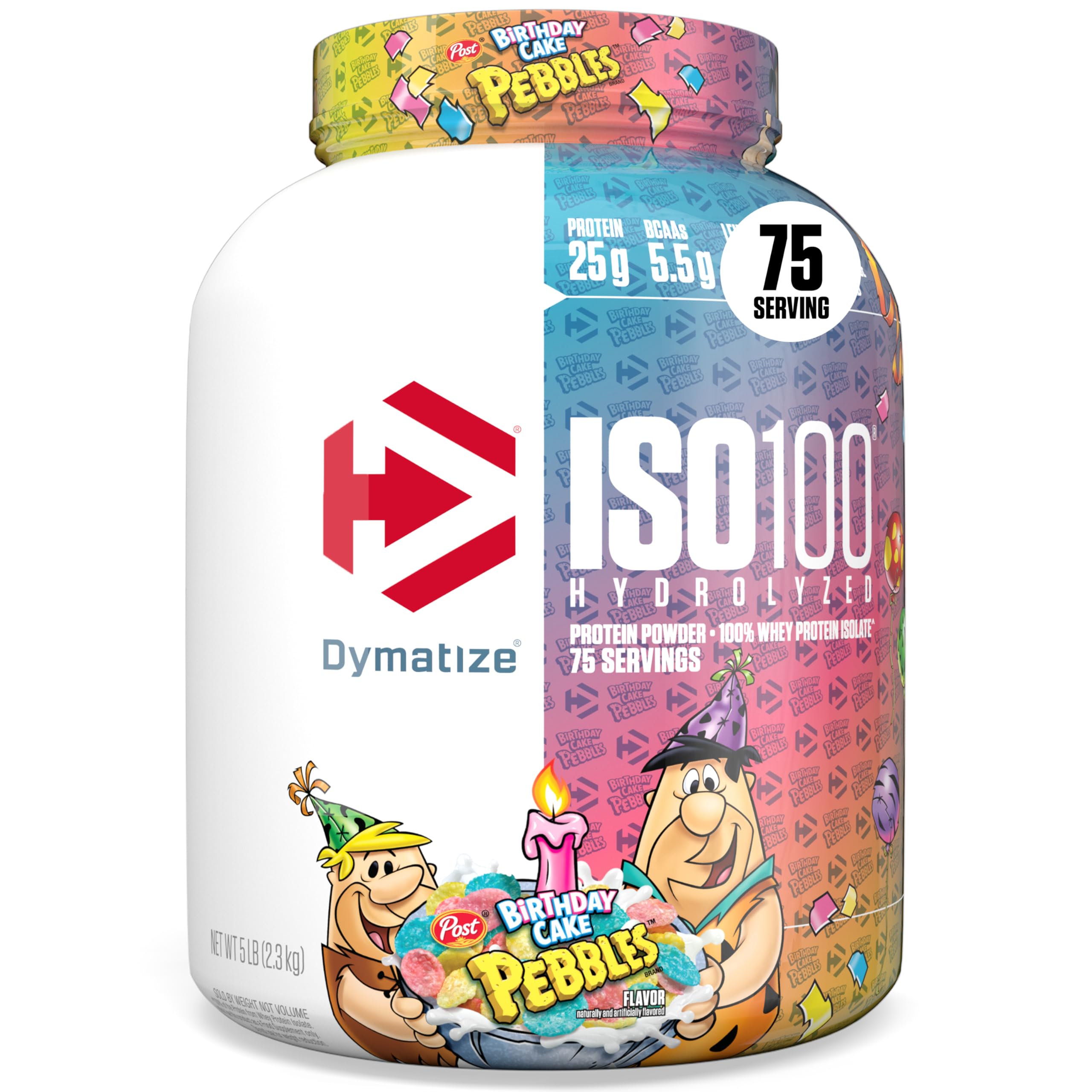 Dymatize ISO100 vista frontal del envase mostrando sabor Birthday Cake y pureza