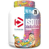 Dymatize ISO100 vista frontal del envase mostrando sabor Birthday Cake y pureza