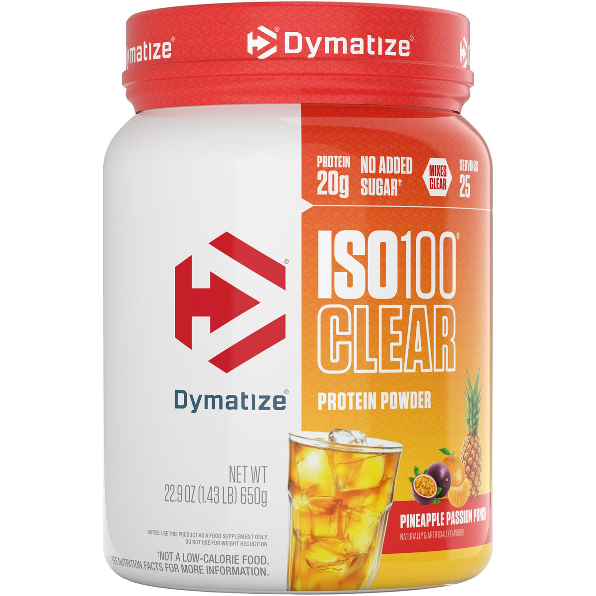 Dymatize bote frontal mostrando sabor Pineapple Passion y beneficio refrescante