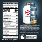 Envase de Dymatize ISO100 junto a una mano para comparar tamaño y porción