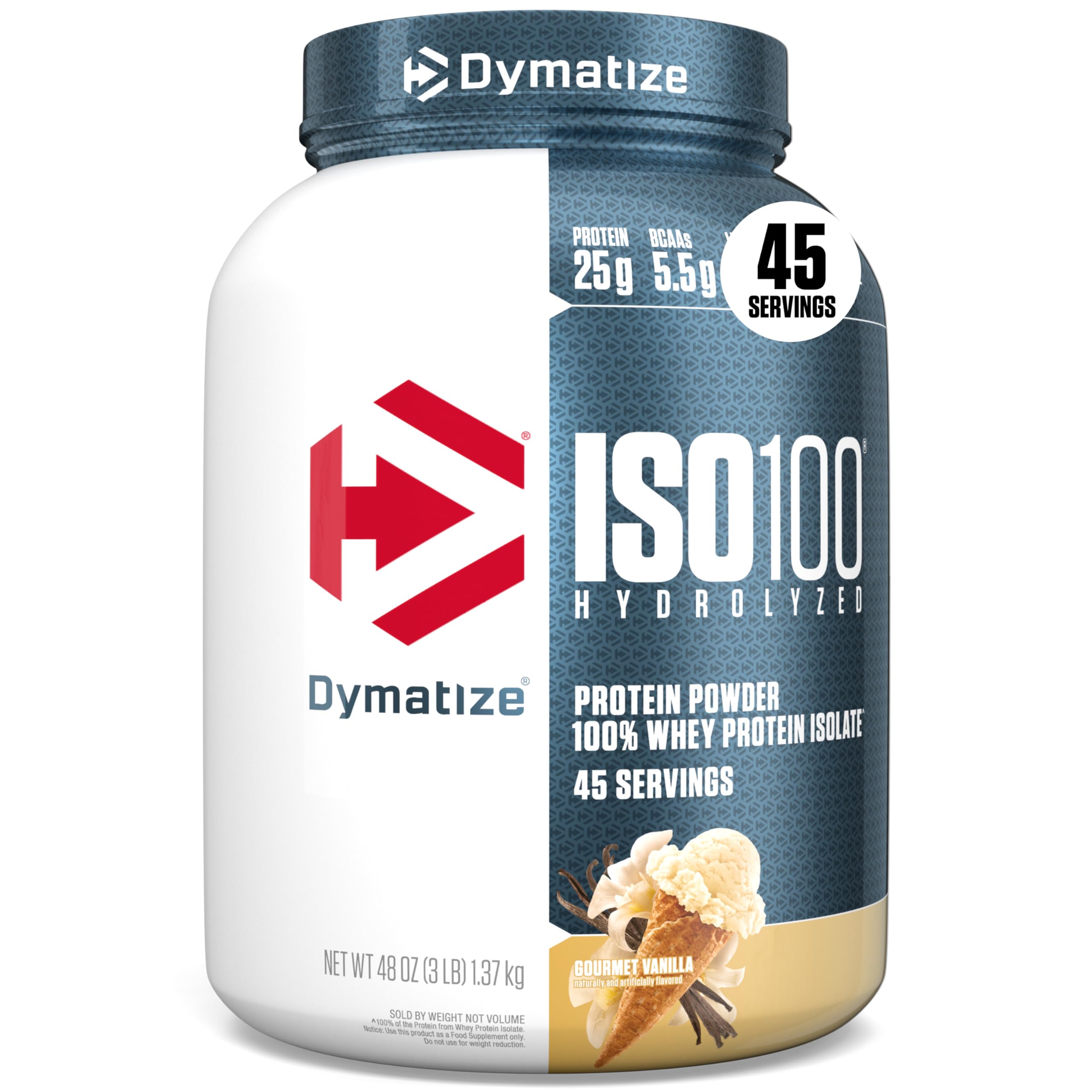 Dymatize envase frontal mostrando sabor vainilla y beneficio pureza