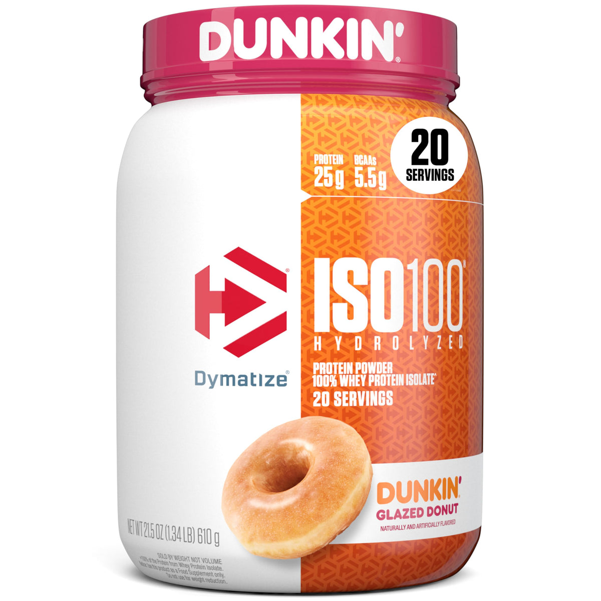 Dymatize envase frontal mostrando sabor Dunkin' Glazed Donut y claridad de contenido