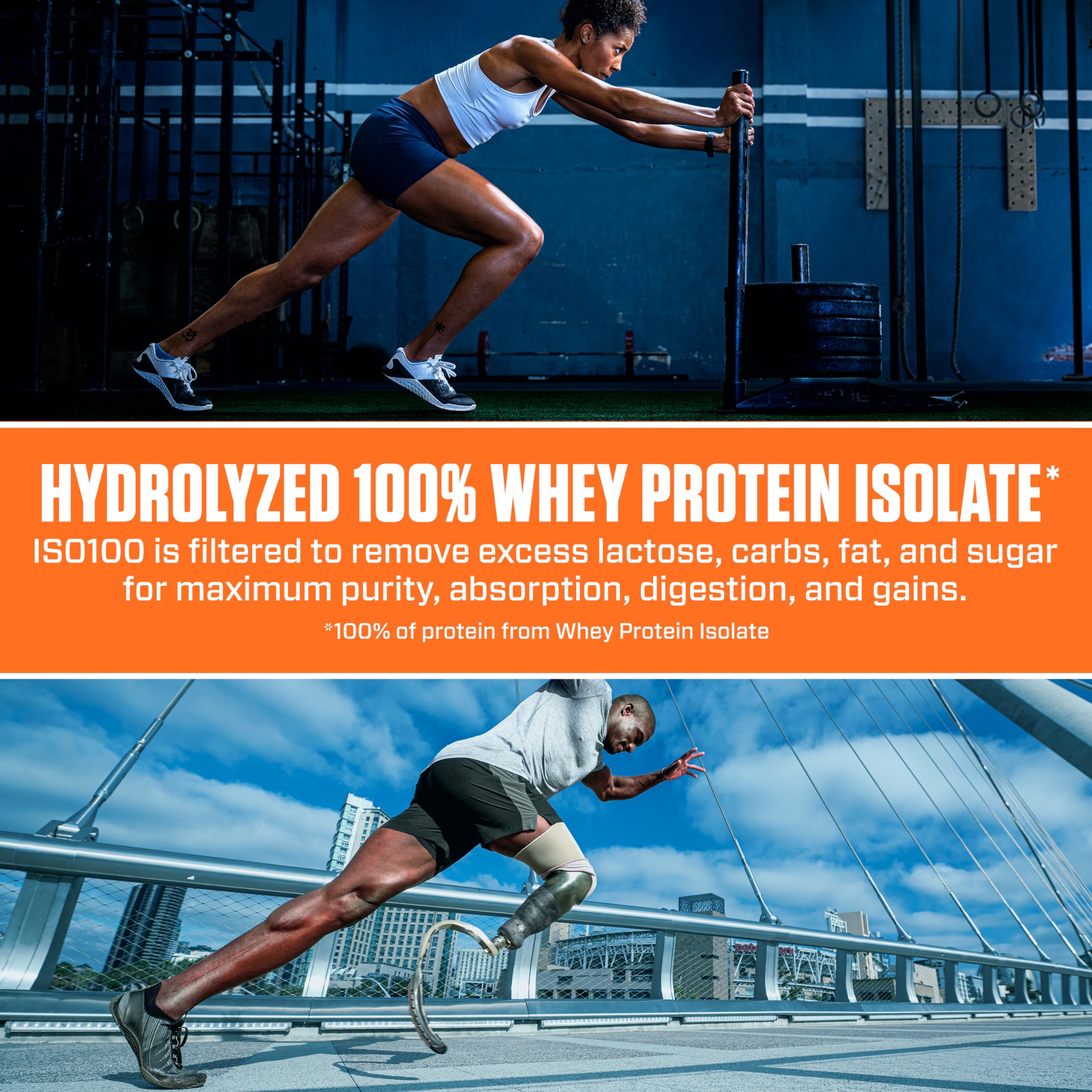 Dymatize ISO100 en ambiente lifestyle junto a zapatillas de entrenamiento motivando uso postentreno