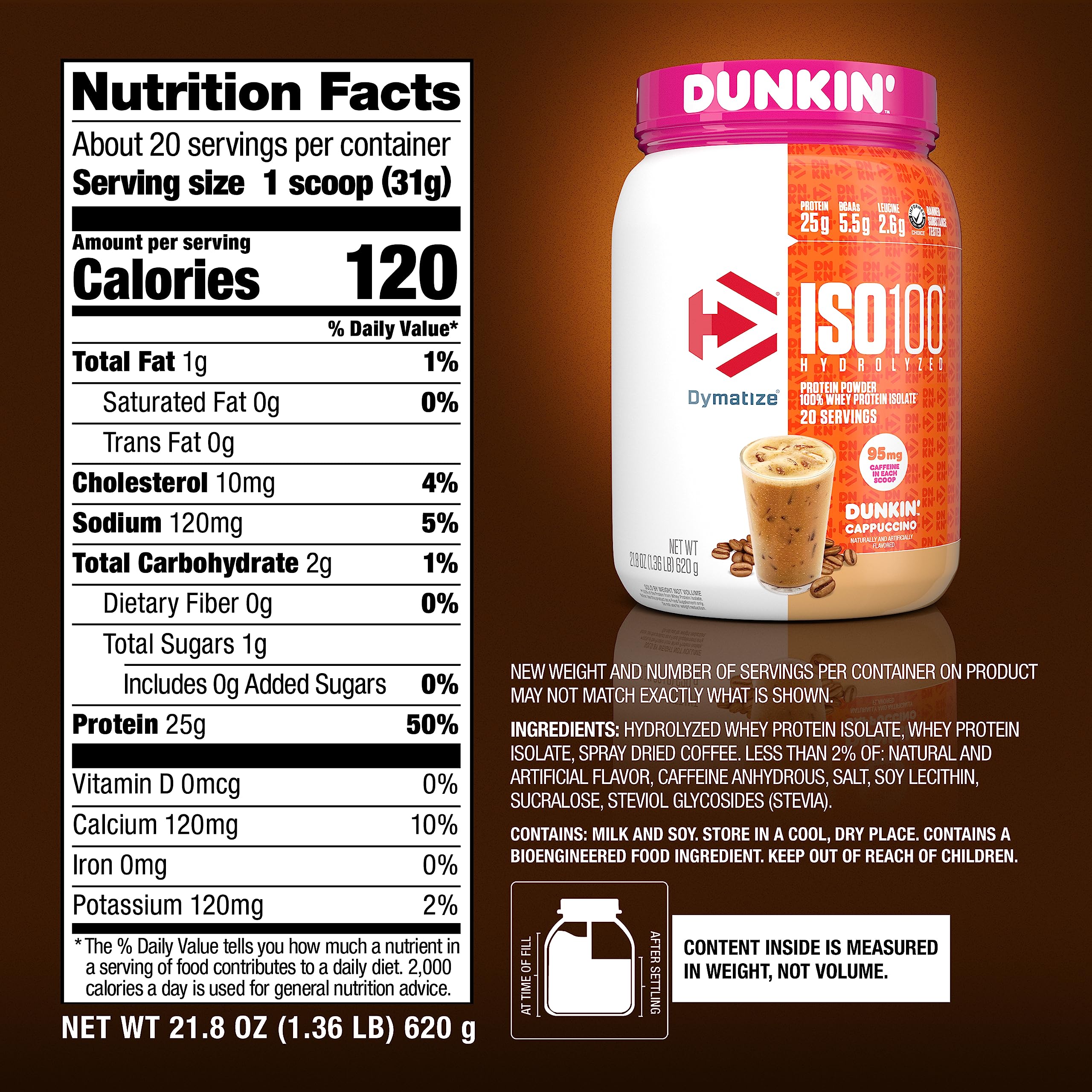 Dymatize etiqueta nutricional en foco que muestra proteínas y BCAA por ración